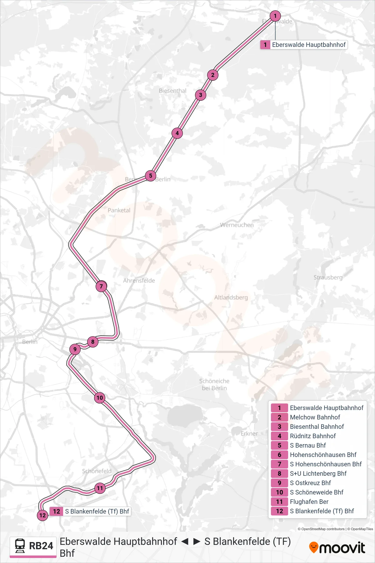 Linie RB24 (Bahn) Richtung S Blankenfelde (Tf) Bhf: Route und Haltestellen auf der Karte