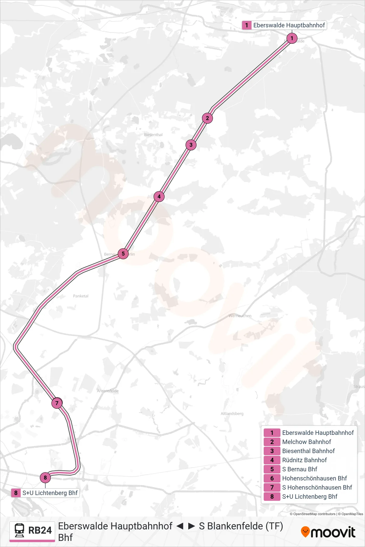 Linie RB24 (Bahn) Richtung S+U Lichtenberg Bhf: Route und Haltestellen auf der Karte