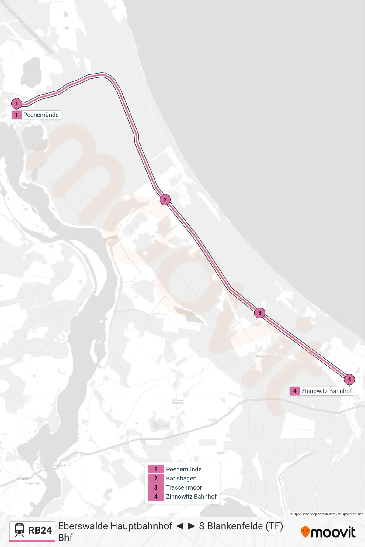Linie RB24 (Bahn) Richtung Zinnowitz Bahnhof: Route und Haltestellen auf der Karte