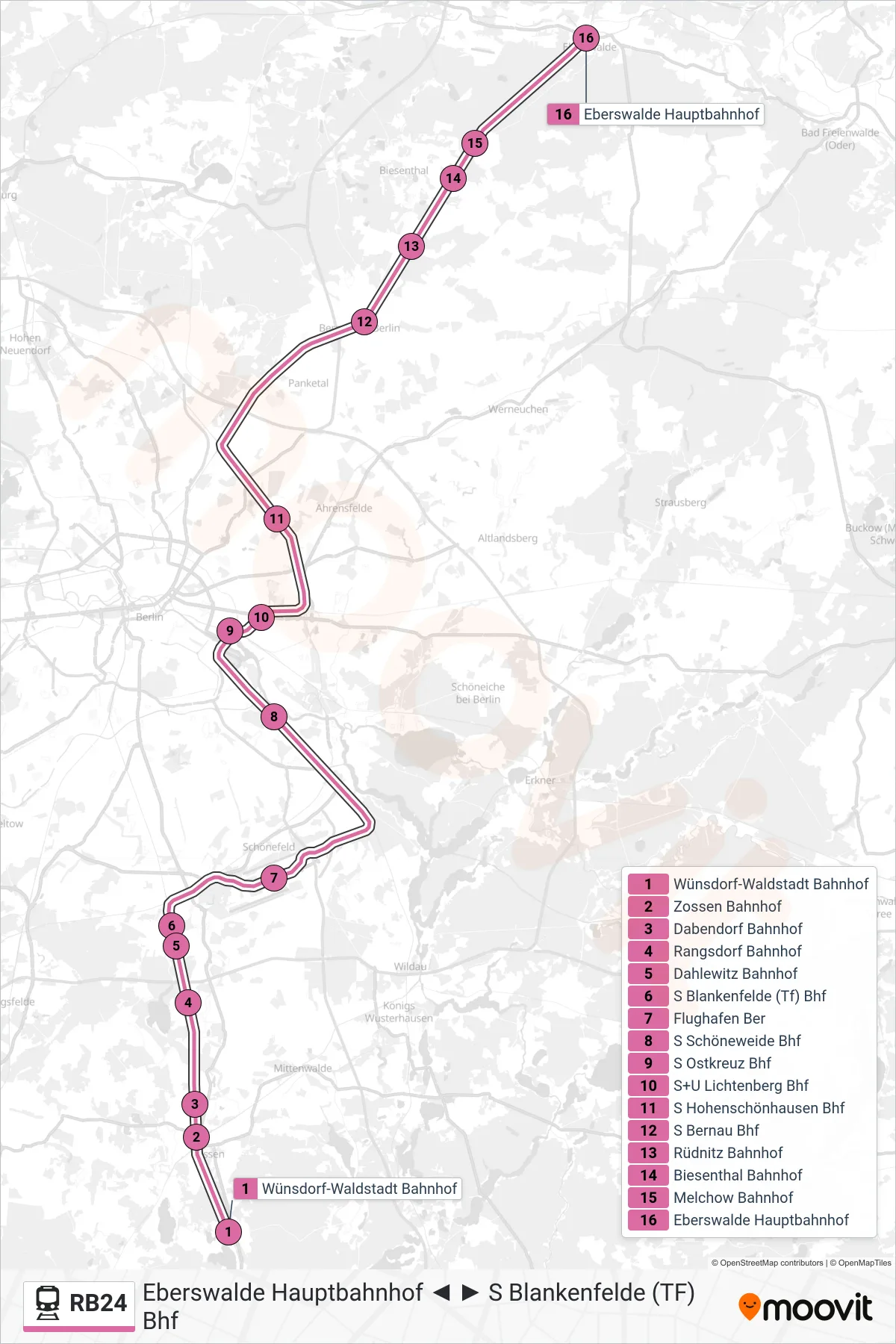 Linie RB24 (Bahn) Richtung Eberswalde Hauptbahnhof: Route und Haltestellen auf der Karte
