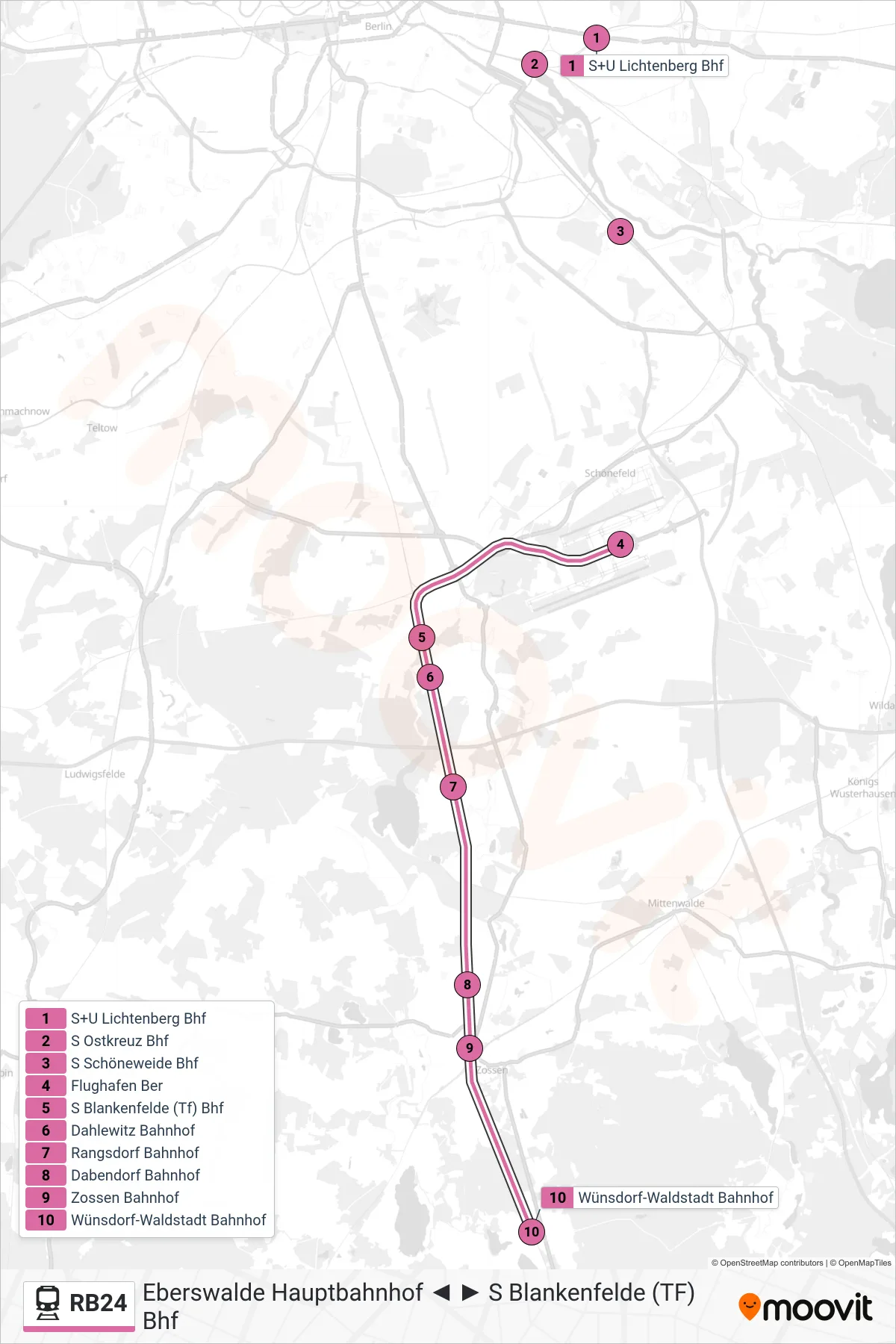 Linie RB24 (Bahn) Richtung Wünsdorf-Waldstadt Bahnhof: Route und Haltestellen auf der Karte