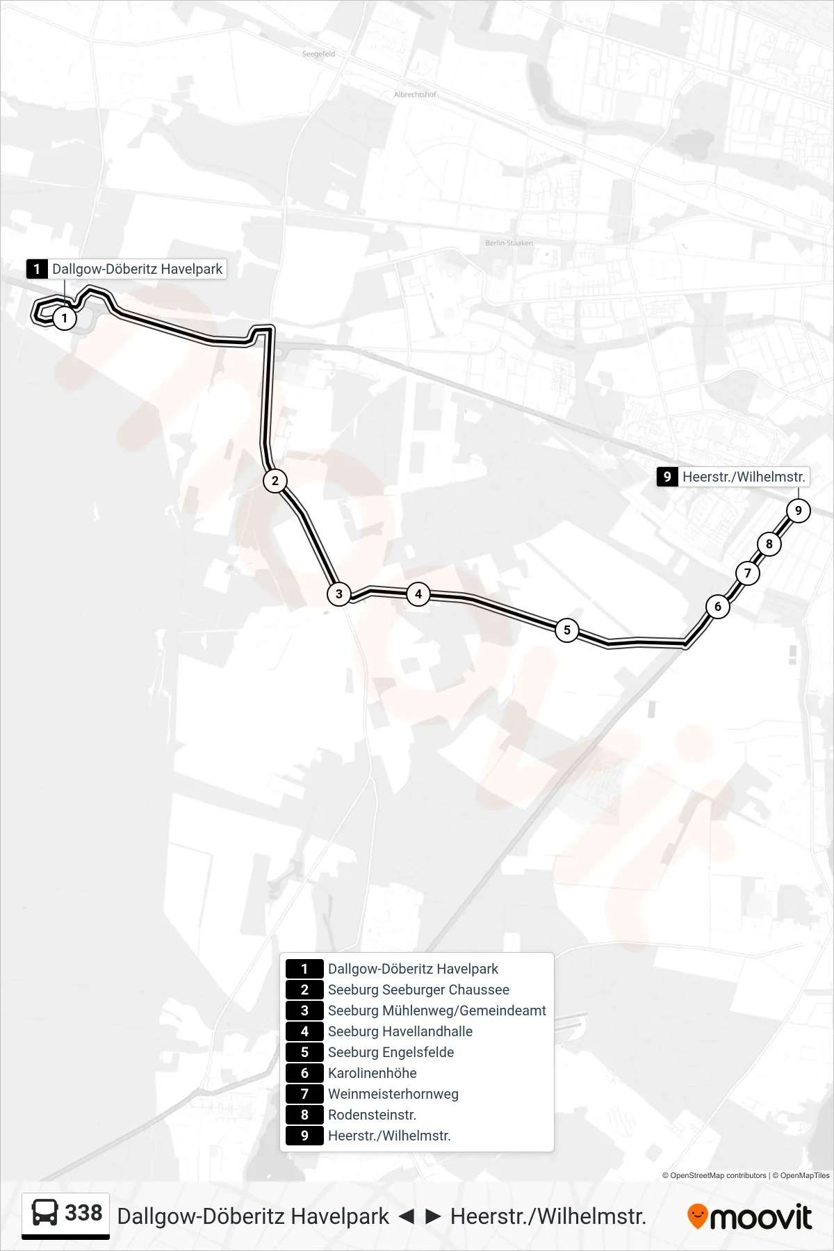 Linie 338 (Bus) Richtung Heerstr./Wilhelmstr.: Route und Haltestellen auf der Karte