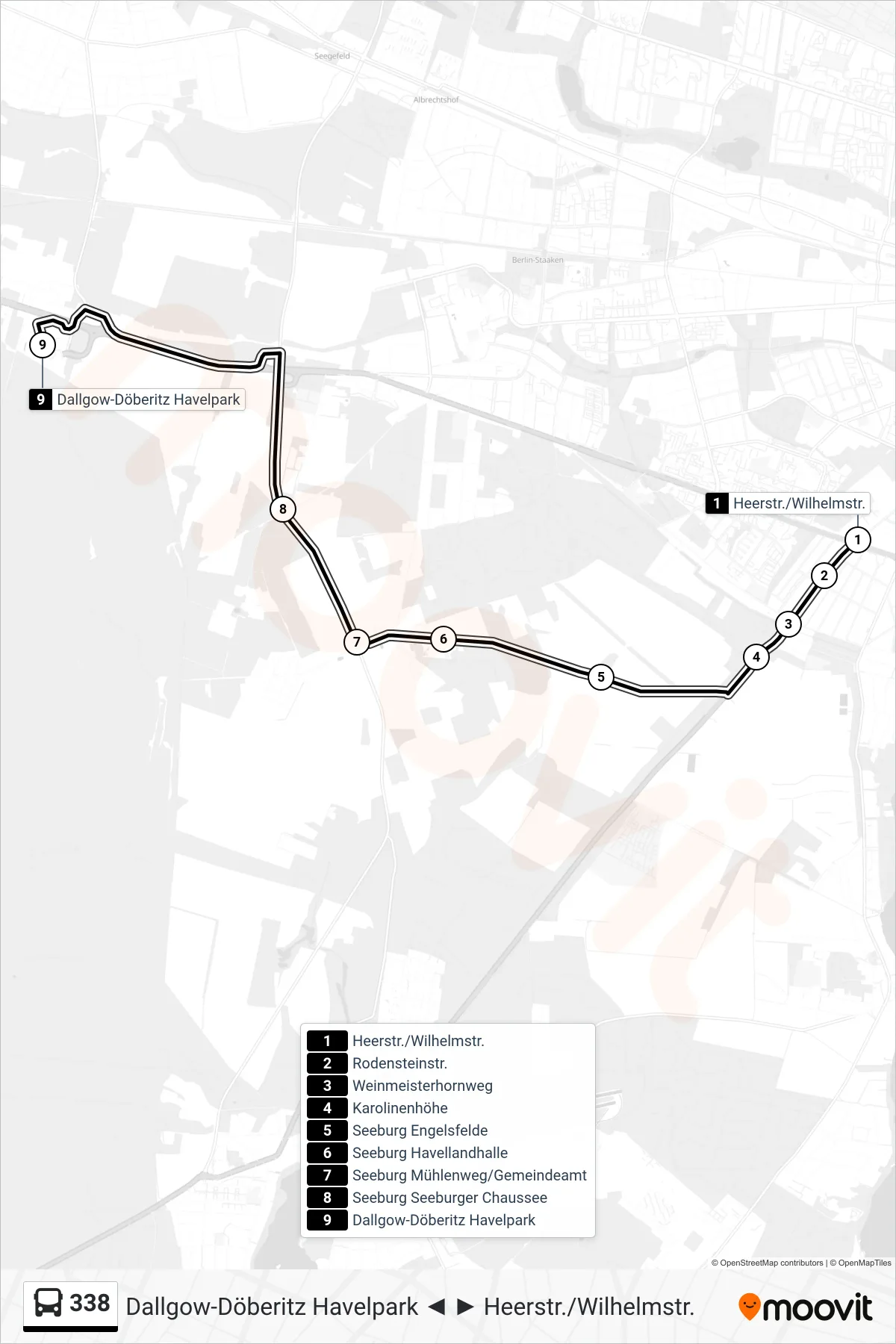 Linie 338 (Bus) Richtung Dallgow-Döberitz Havelpark: Route und Haltestellen auf der Karte