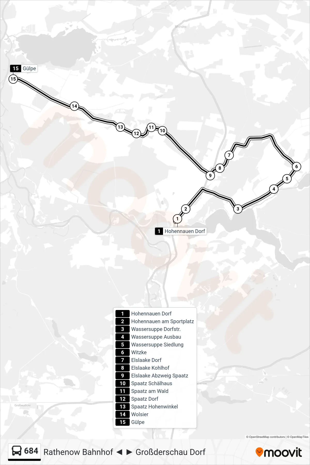 Linie 684 (Bus) Richtung Gülpe: Route und Haltestellen auf der Karte