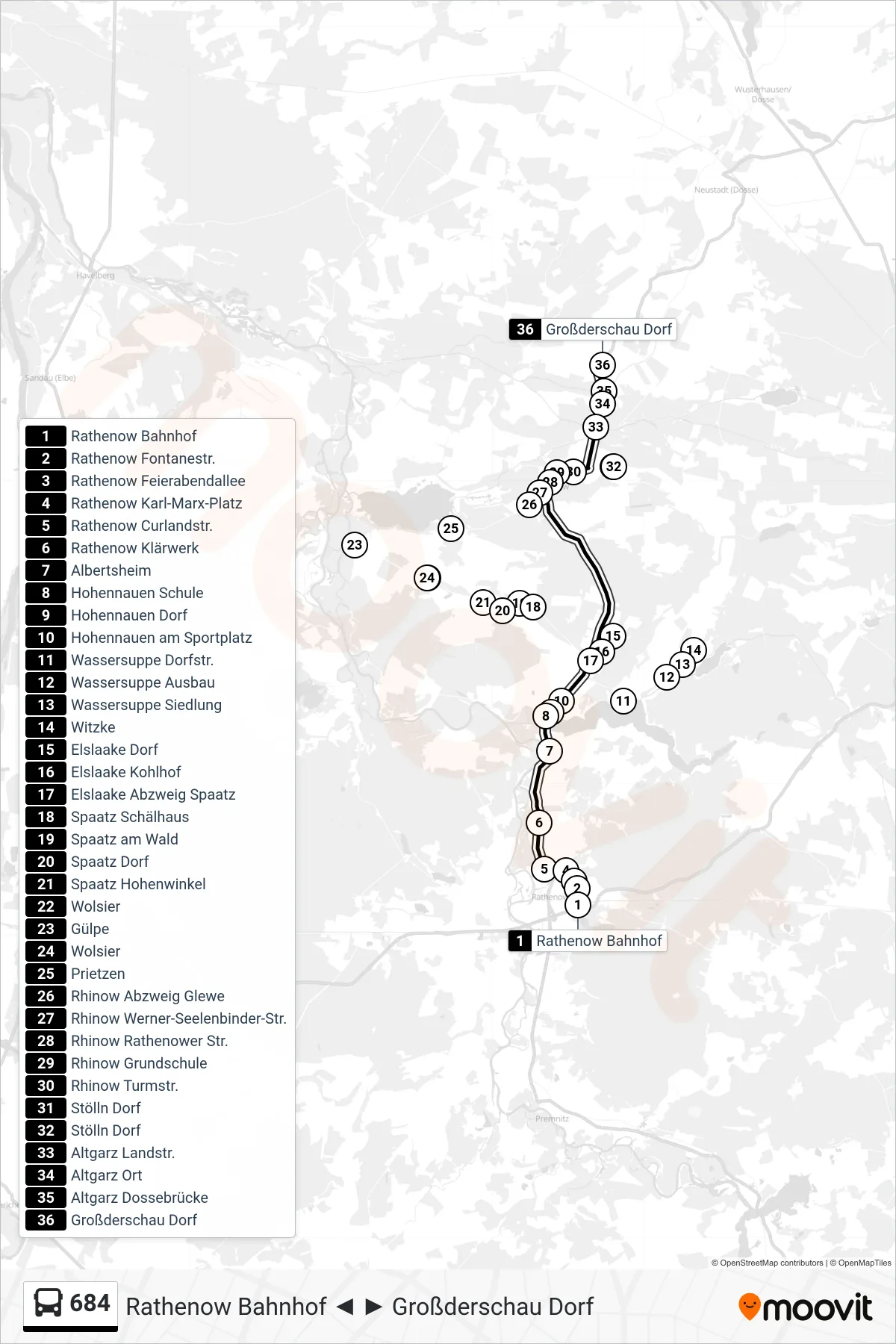 Linie 684 (Bus) Richtung Großderschau Dorf: Route und Haltestellen auf der Karte