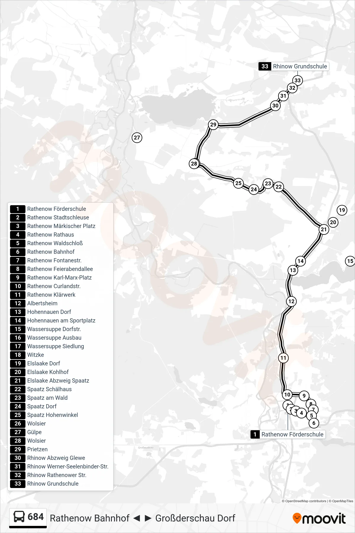 Linie 684 (Bus) Richtung Rhinow Grundschule: Route und Haltestellen auf der Karte
