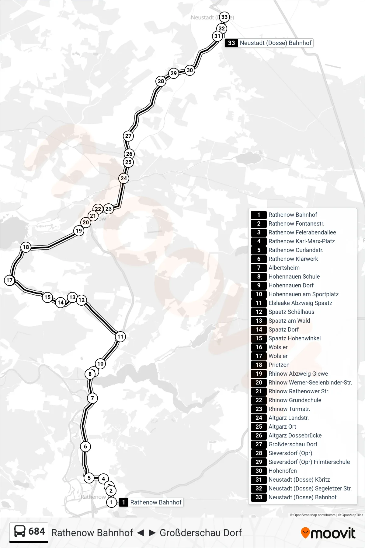 Linie 684 (Bus) Richtung Neustadt (Dosse) Bahnhof: Route und Haltestellen auf der Karte