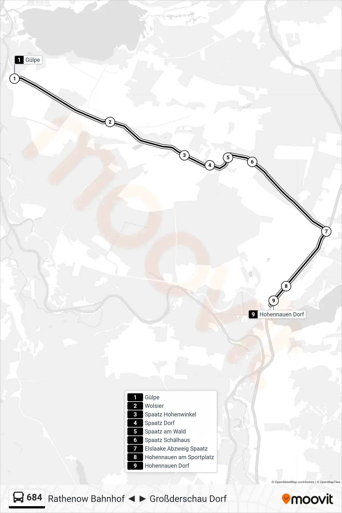 Linie 684 (Bus) Richtung Hohennauen Dorf: Route und Haltestellen auf der Karte