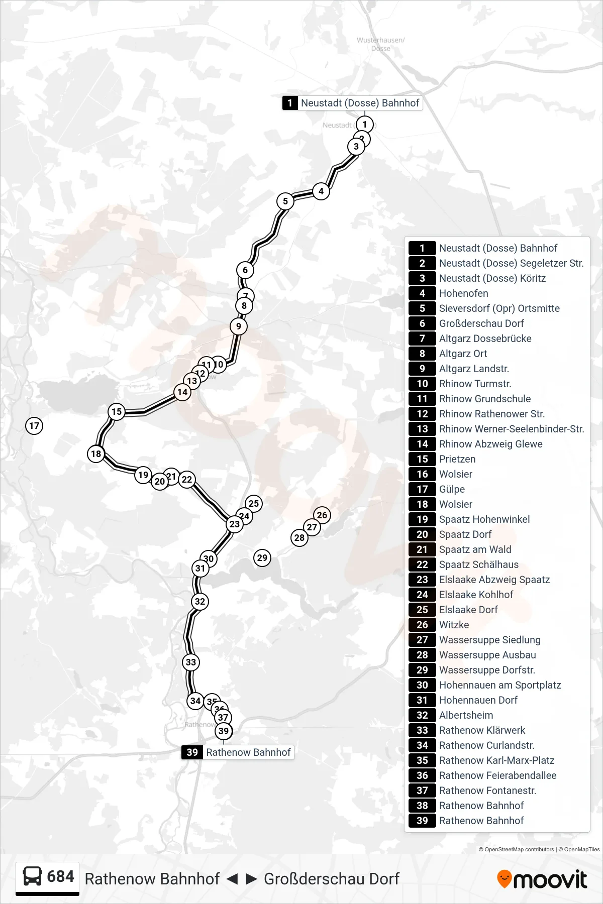 Linie 684 (Bus) Richtung Rathenow Bahnhof: Route und Haltestellen auf der Karte