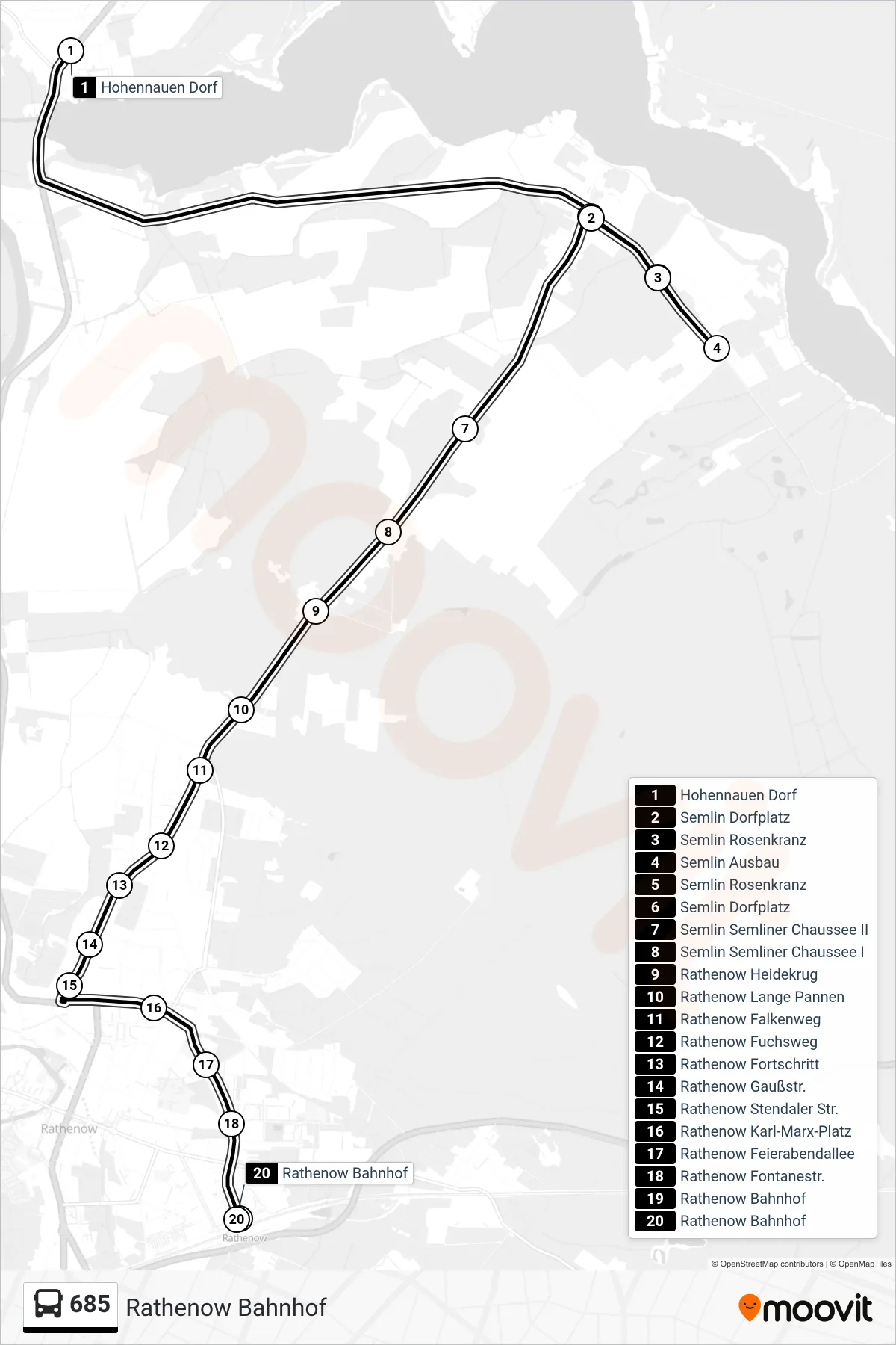 Linie 685 (Bus) Richtung Rathenow Bahnhof: Route und Haltestellen auf der Karte