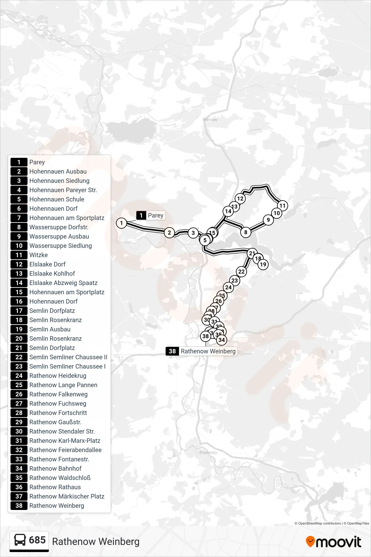 Linie 685 (Bus) Richtung Rathenow Weinberg: Route und Haltestellen auf der Karte