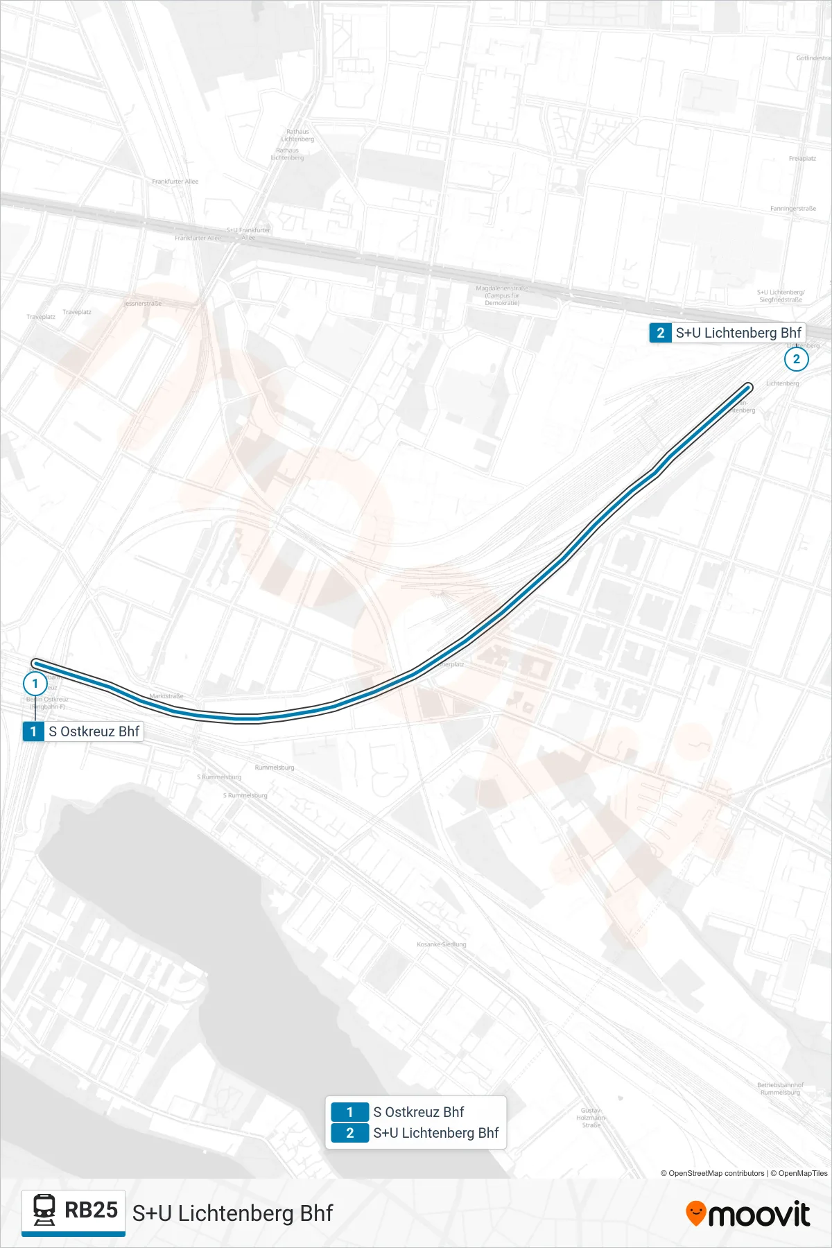 Linie RB25 (Bahn) Richtung S+U Lichtenberg Bhf: Route und Haltestellen auf der Karte