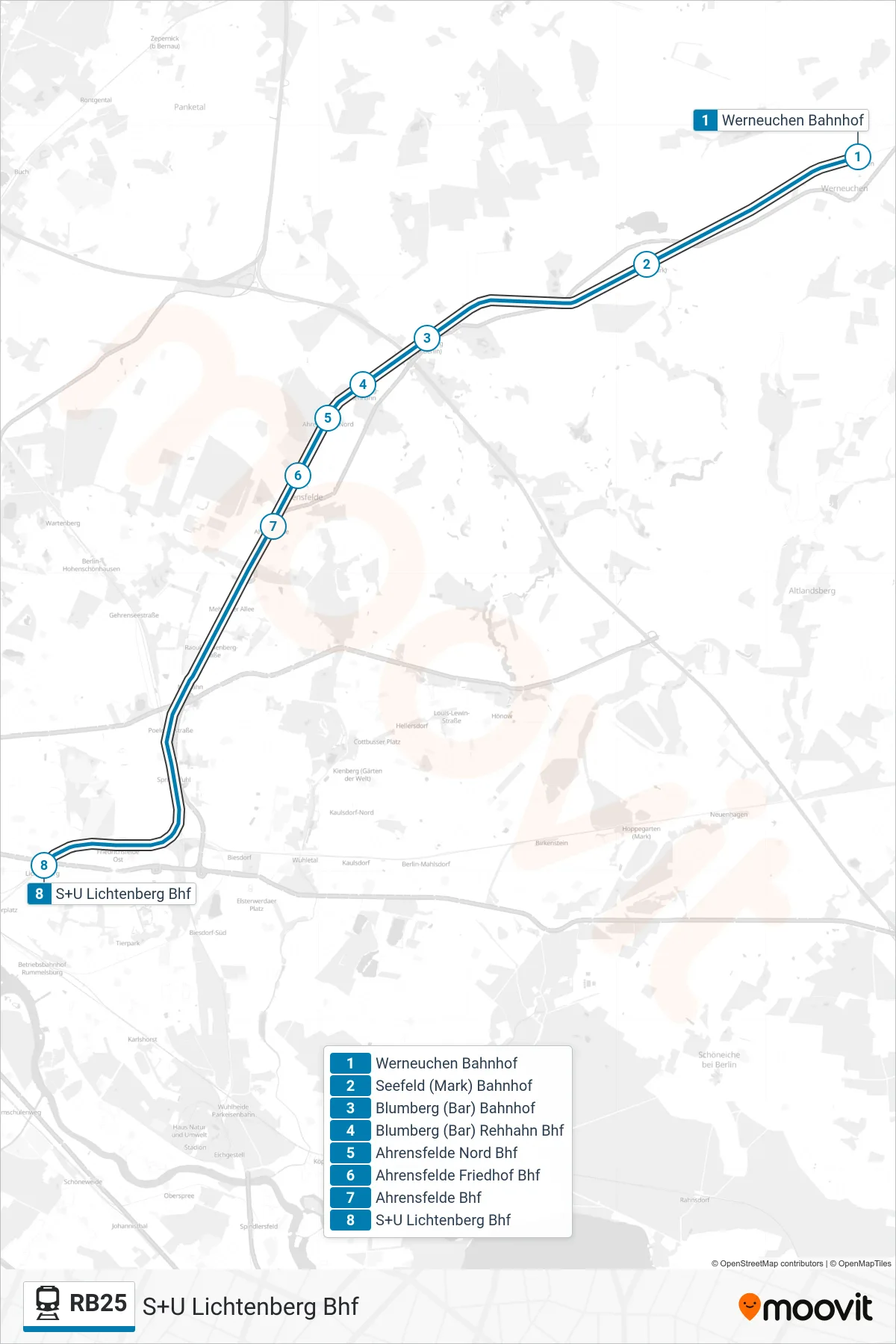 Linie RB25 (Bahn) Richtung S+U Lichtenberg Bhf: Route und Haltestellen auf der Karte