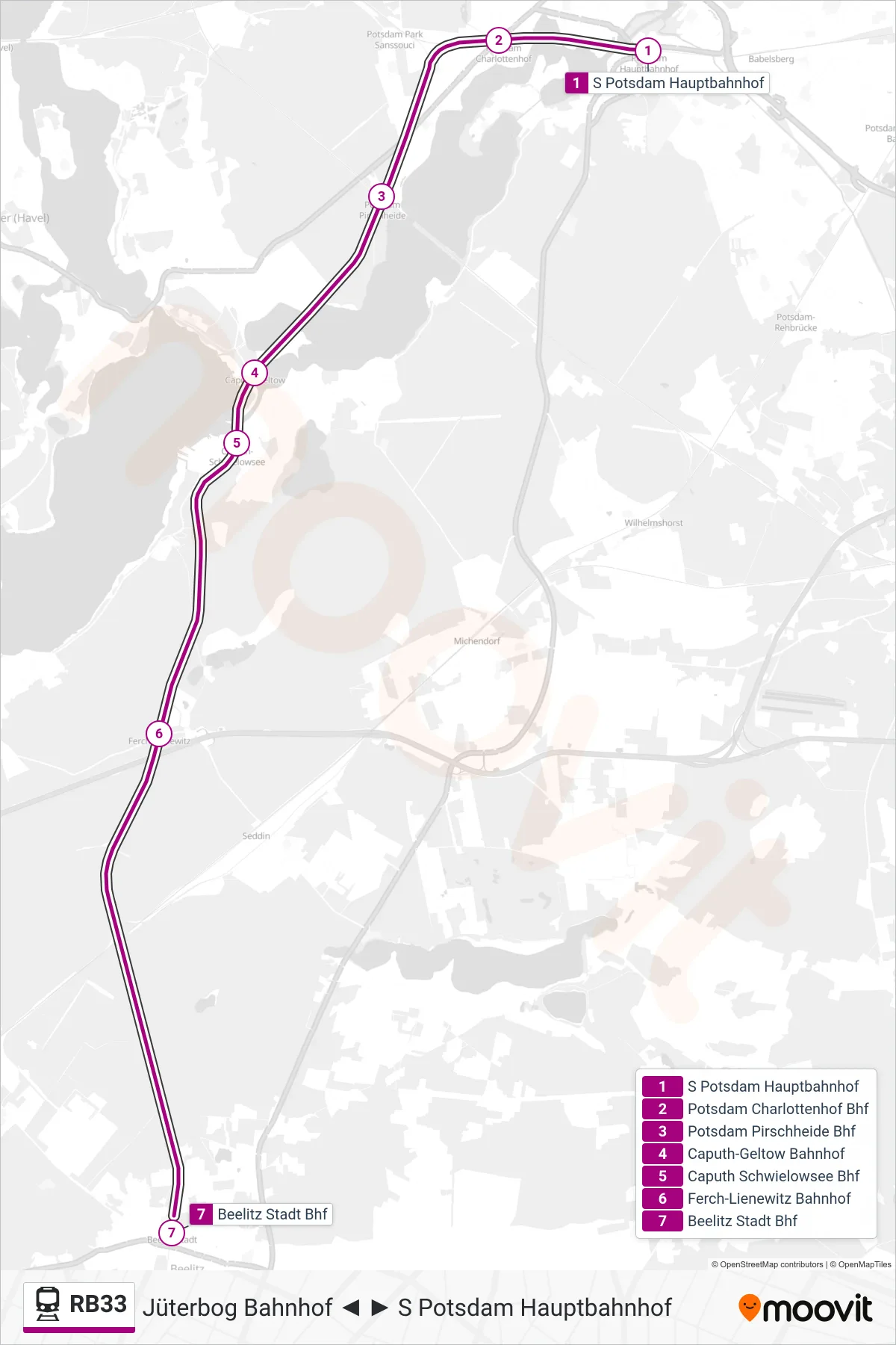 Linie RB33 (Bahn) Richtung Beelitz Stadt Bhf: Route und Haltestellen auf der Karte