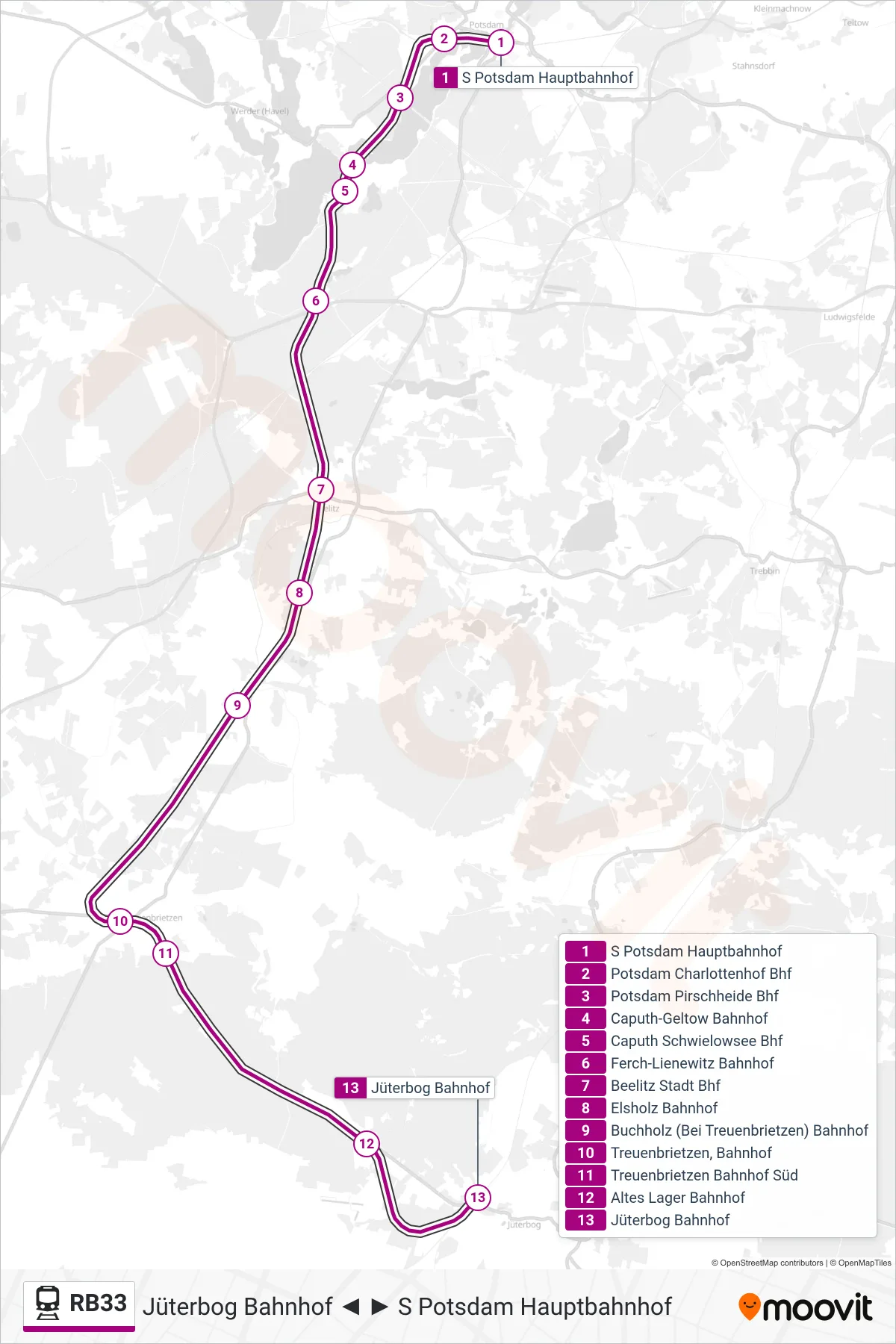 Linie RB33 (Bahn) Richtung Jüterbog Bahnhof: Route und Haltestellen auf der Karte