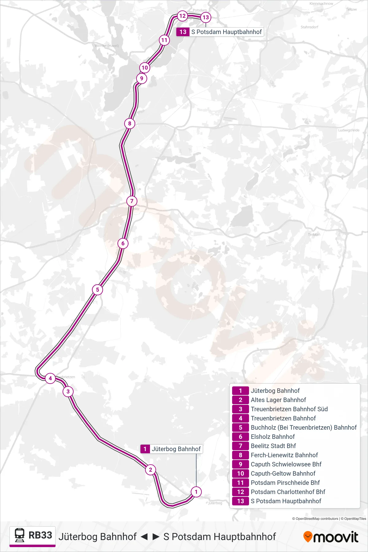 Linie RB33 (Bahn) Richtung S Potsdam Hauptbahnhof: Route und Haltestellen auf der Karte