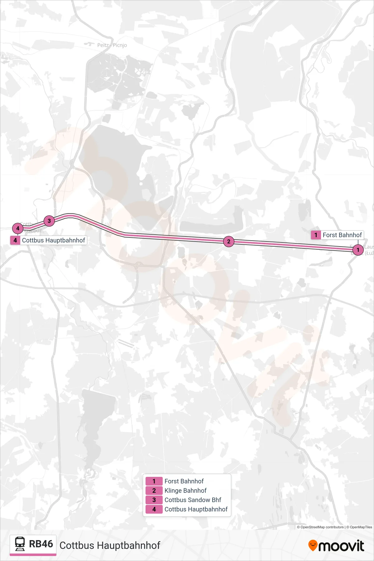 Linie RB46 (Bahn) Richtung Cottbus Hauptbahnhof: Route und Haltestellen auf der Karte