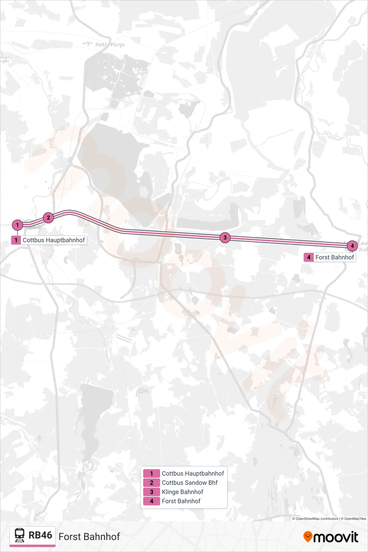 Linie RB46 (Bahn) Richtung Forst Bahnhof: Route und Haltestellen auf der Karte