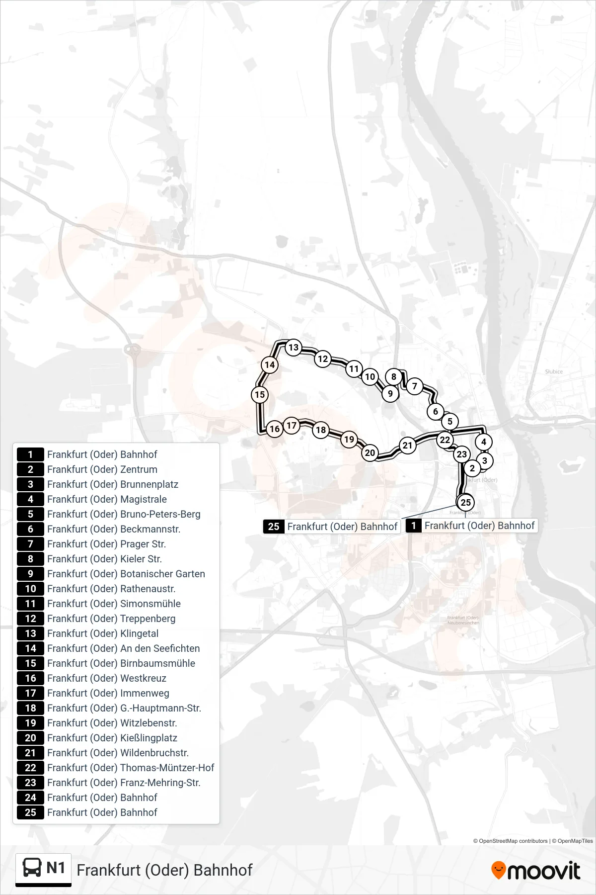 Linie N1 (Bus) Richtung Frankfurt (Oder) Bahnhof: Route und Haltestellen auf der Karte