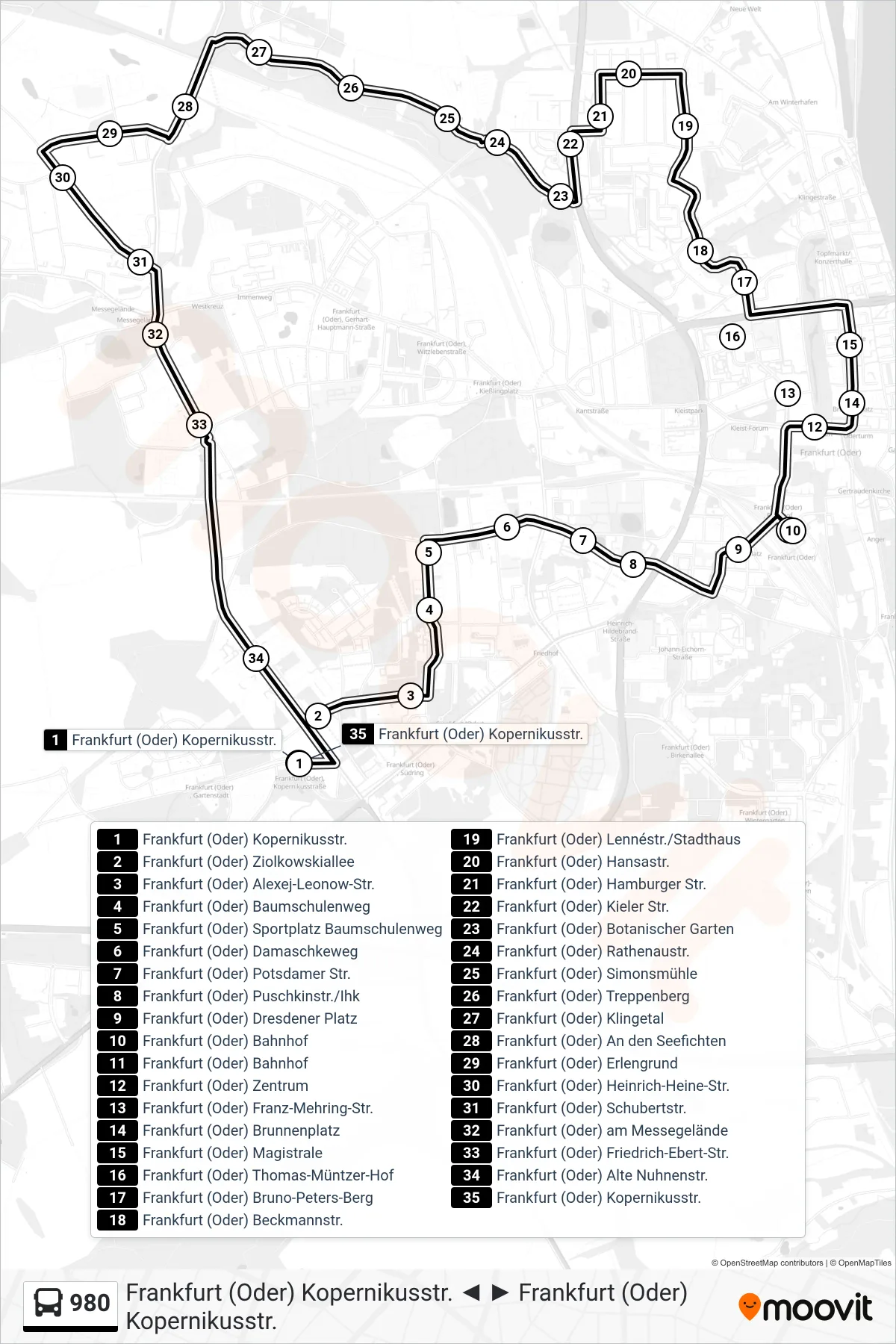 Linie 980 (Bus) Richtung Frankfurt (Oder) Kopernikusstr.: Route und Haltestellen auf der Karte