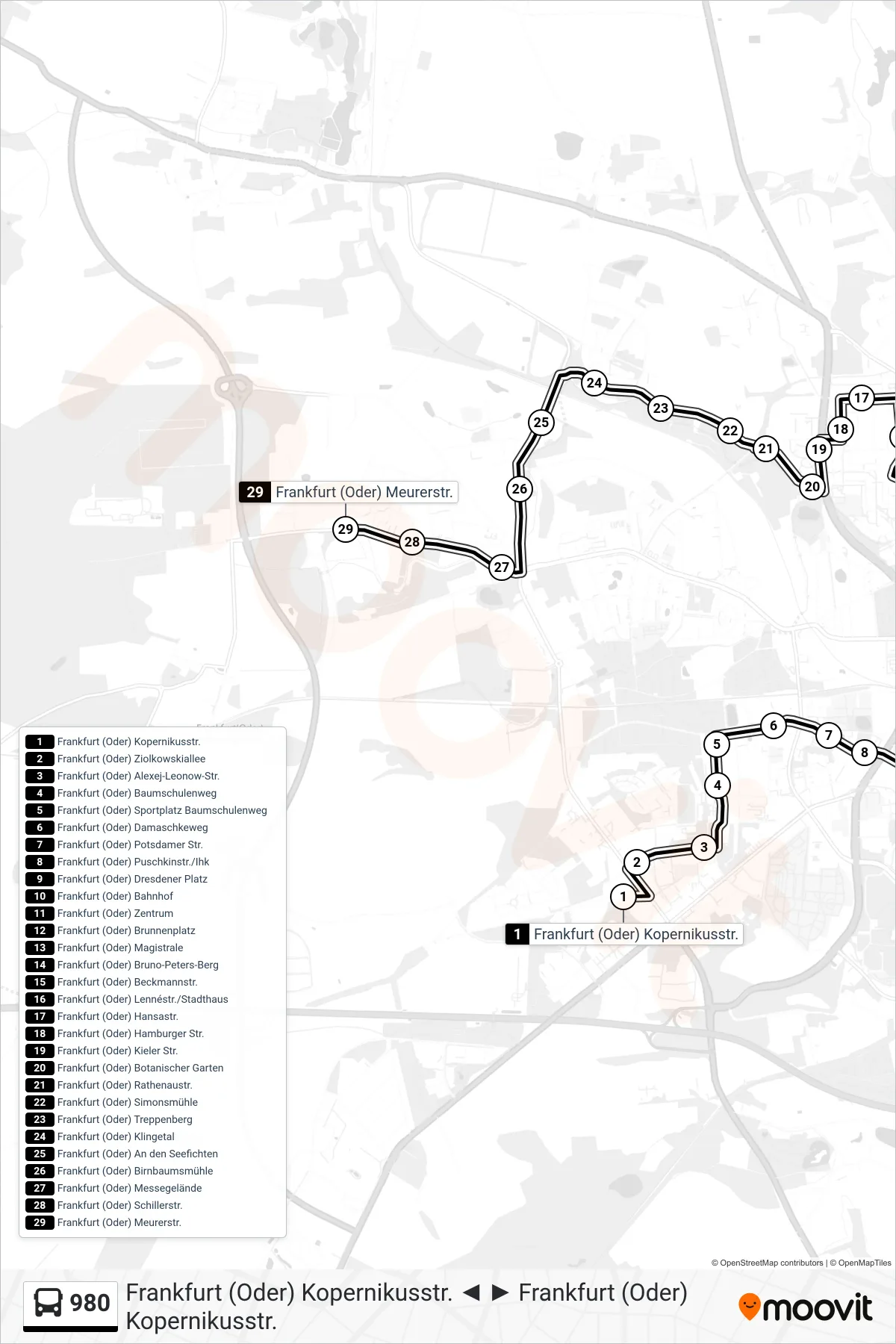 Linie 980 (Bus) Richtung Frankfurt (Oder) Meurerstr.: Route und Haltestellen auf der Karte
