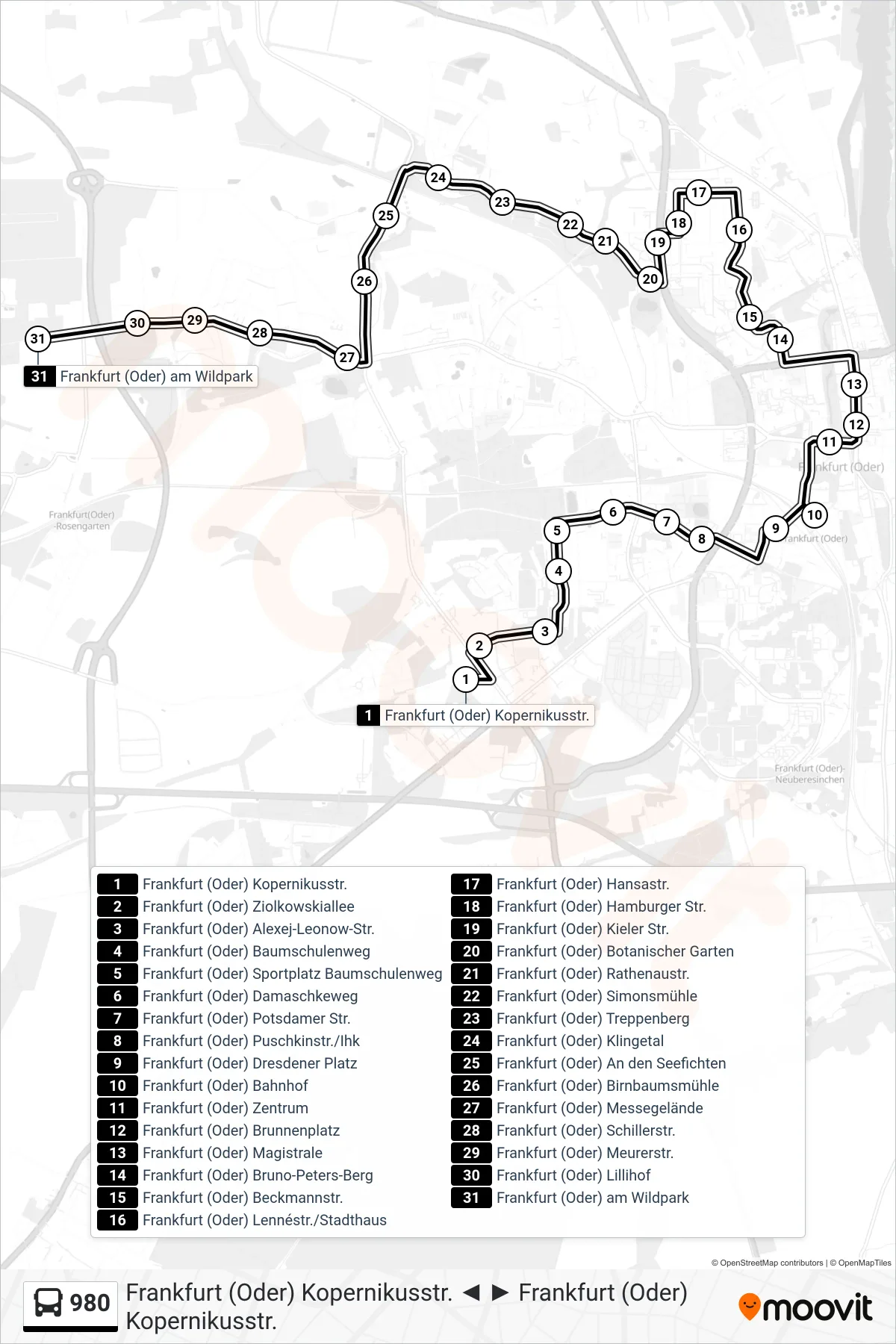 Linie 980 (Bus) Richtung Frankfurt (Oder) am Wildpark: Route und Haltestellen auf der Karte