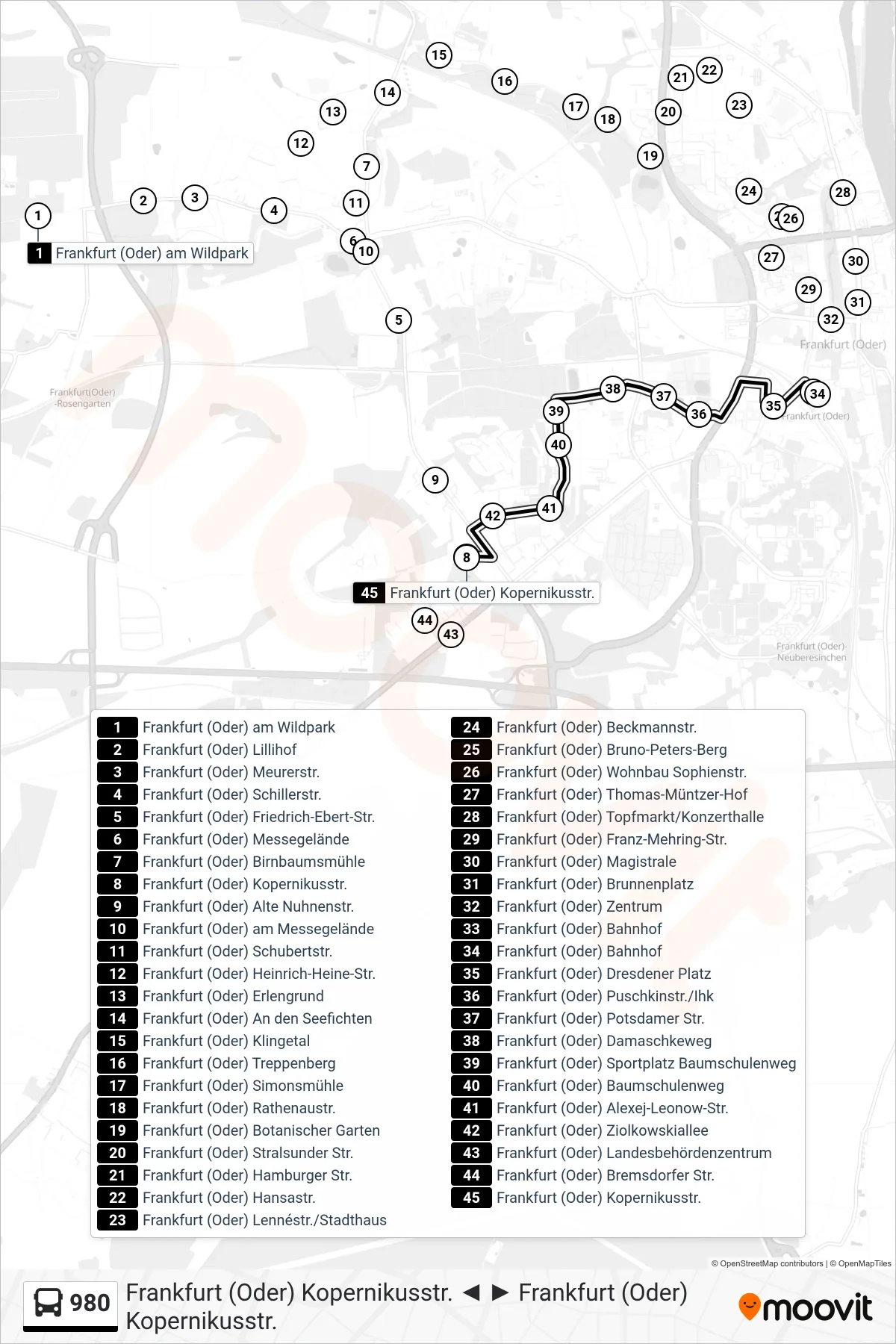 Linie 980 (Bus) Richtung Frankfurt (Oder) Kopernikusstr.: Route und Haltestellen auf der Karte