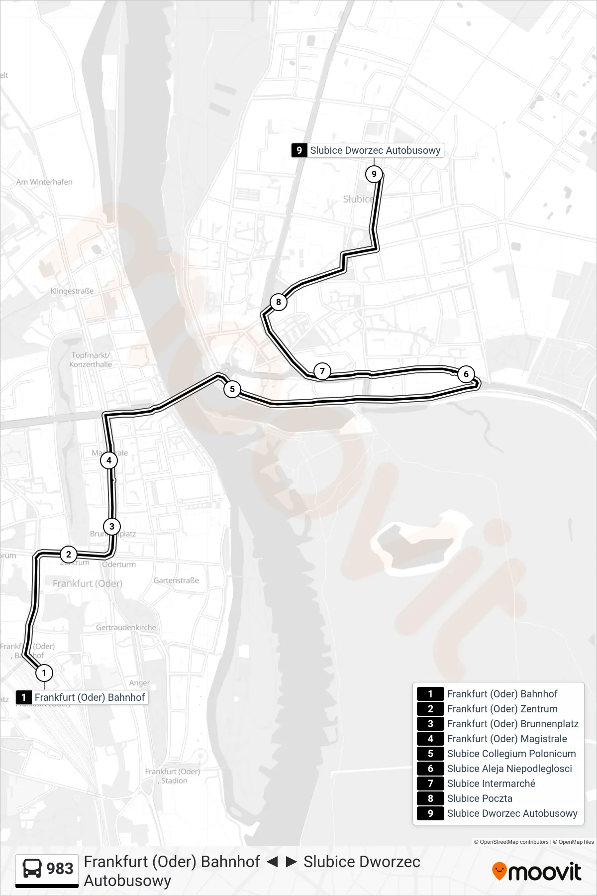 Linie 983 (Bus) Richtung Slubice Dworzec Autobusowy: Route und Haltestellen auf der Karte