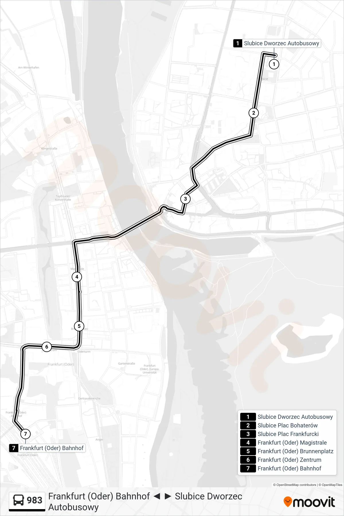 Linie 983 (Bus) Richtung Frankfurt (Oder) Bahnhof: Route und Haltestellen auf der Karte