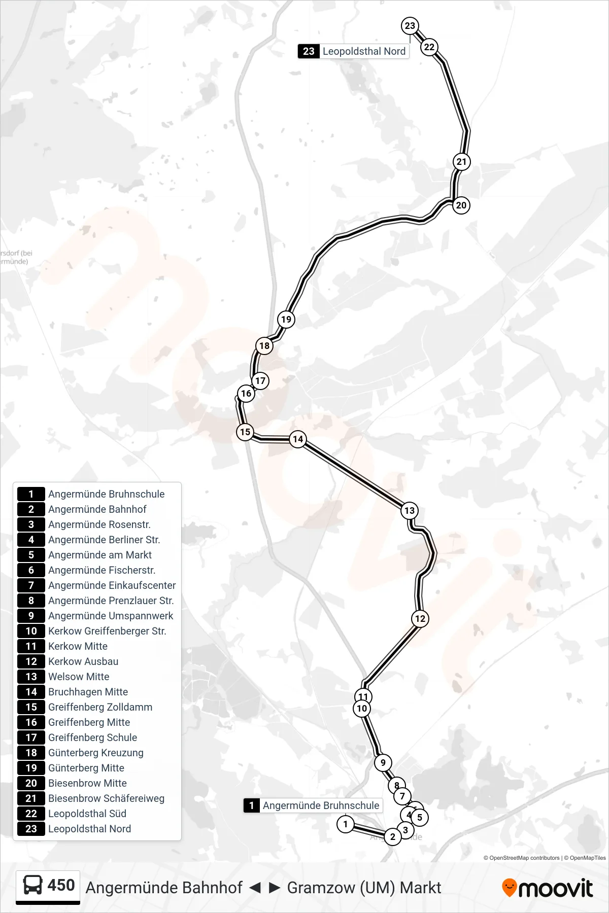 Linie 450 (Bus) Richtung Leopoldsthal Nord: Route und Haltestellen auf der Karte