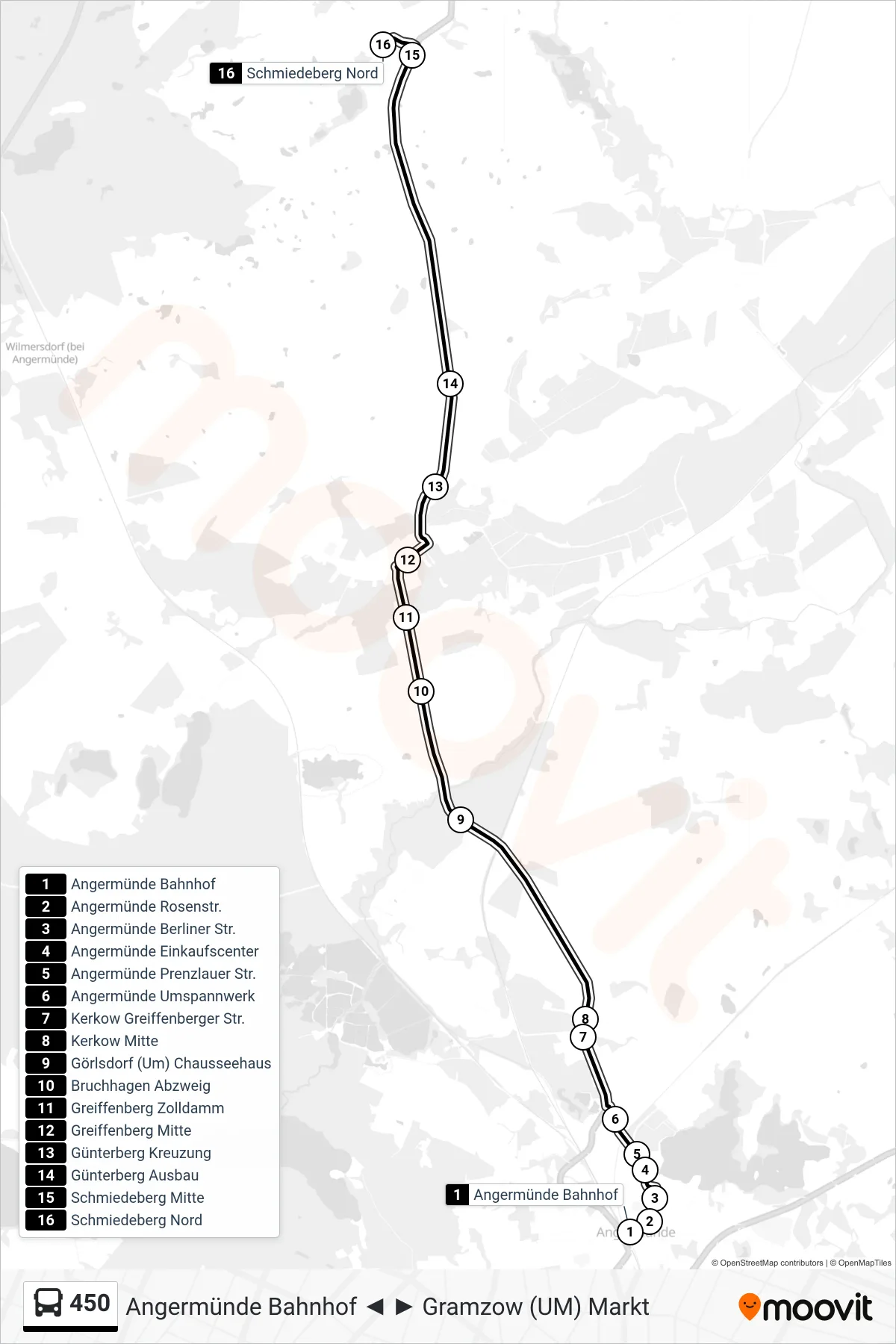 Linie 450 (Bus) Richtung Schmiedeberg Nord: Route und Haltestellen auf der Karte