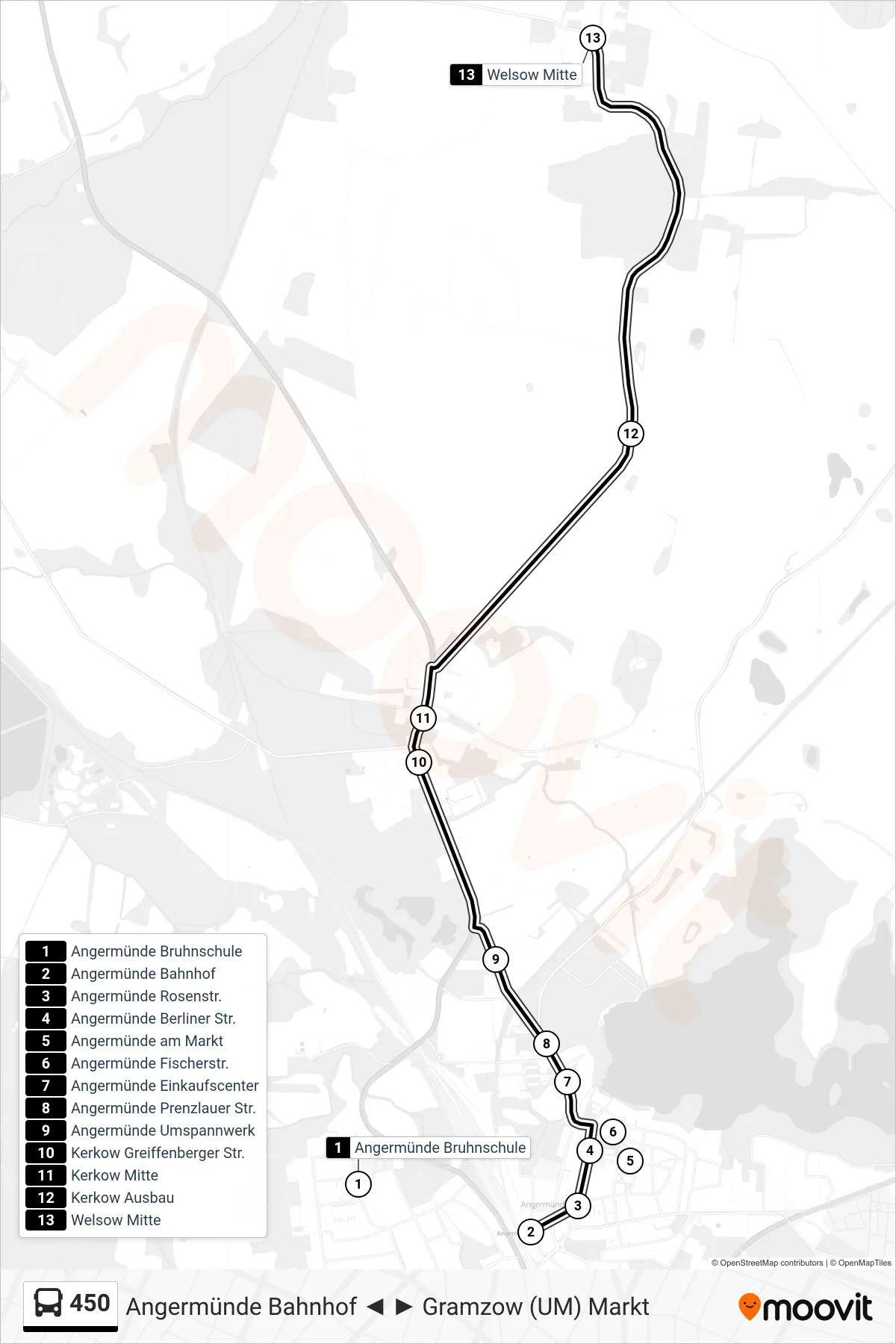 450 bus Line (Welsow Mitte) route and stops on a map