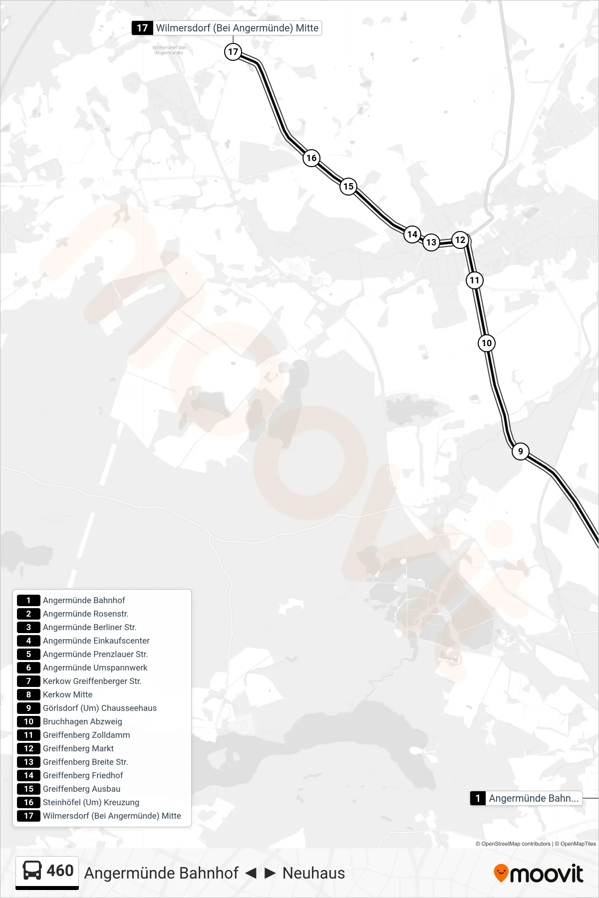 Linie 460 (Bus) Richtung Wilmersdorf (Bei Angermünde) Mitte: Route und Haltestellen auf der Karte