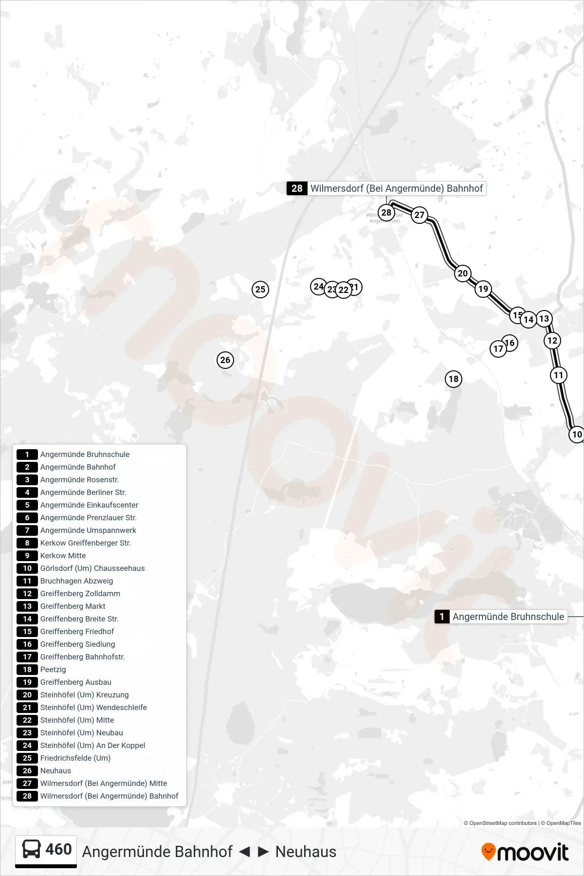 Linie 460 (Bus) Richtung Wilmersdorf (Bei Angermünde) Bahnhof: Route und Haltestellen auf der Karte