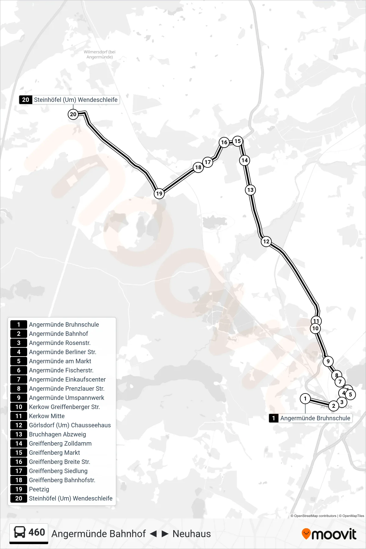 Linie 460 (Bus) Richtung Steinhöfel (Um) Wendeschleife: Route und Haltestellen auf der Karte