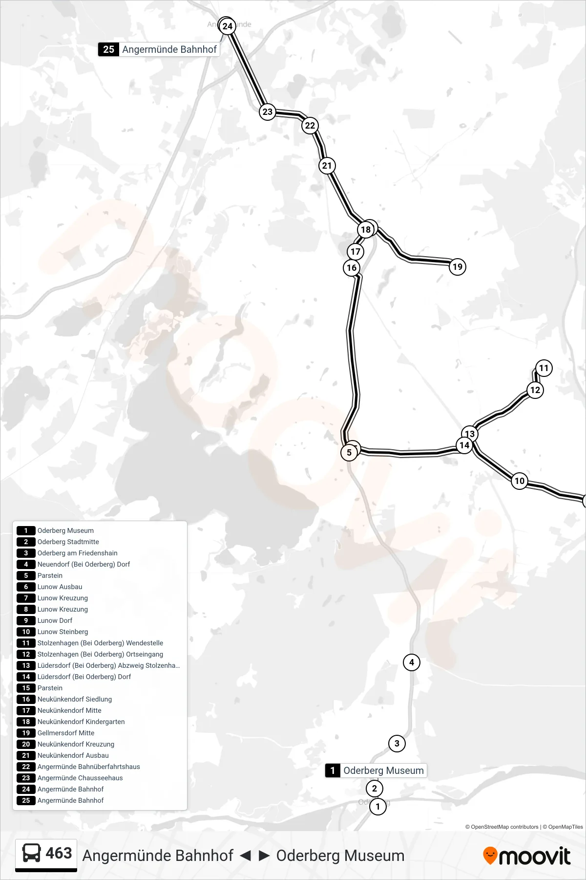 Linie 463 (Bus) Richtung Angermünde Bahnhof: Route und Haltestellen auf der Karte