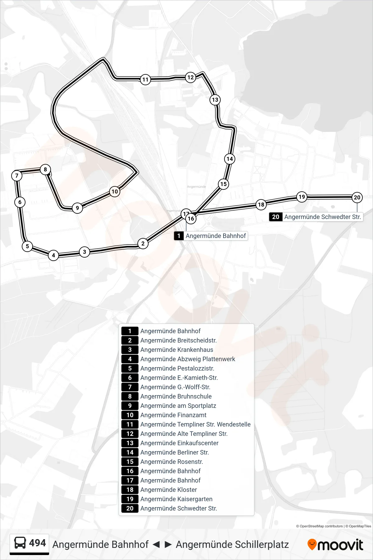 Linie 494 (Bus) Richtung Angermünde Schwedter Str.: Route und Haltestellen auf der Karte
