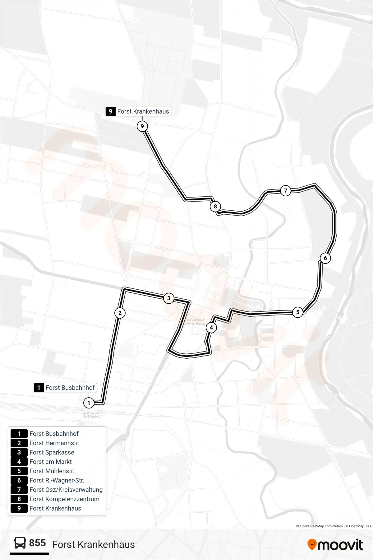 855 bus Line (Forst Krankenhaus) route and stops on a map