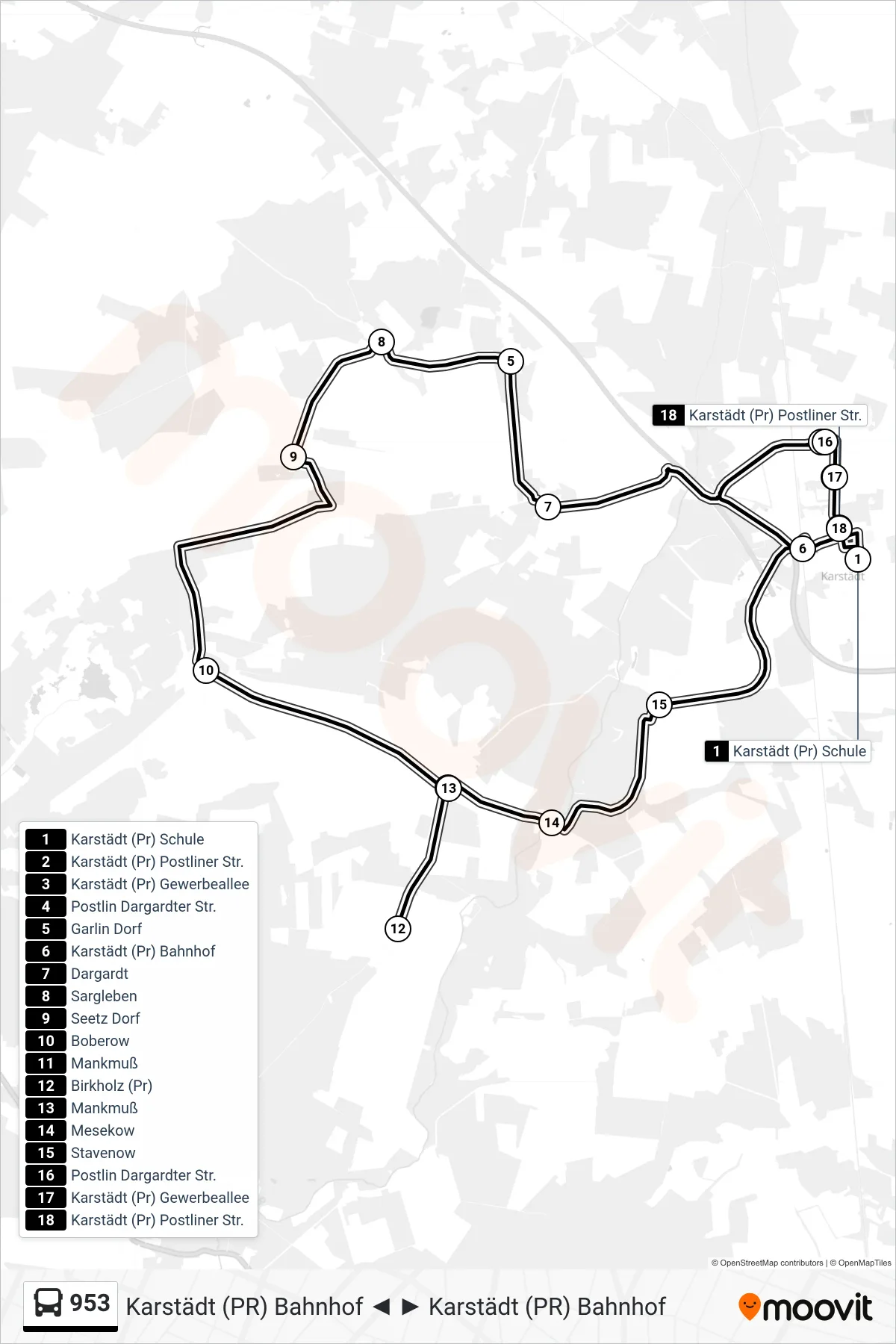 Linie 953 (Bus) Richtung Karstädt (Pr) Bahnhof: Route und Haltestellen auf der Karte