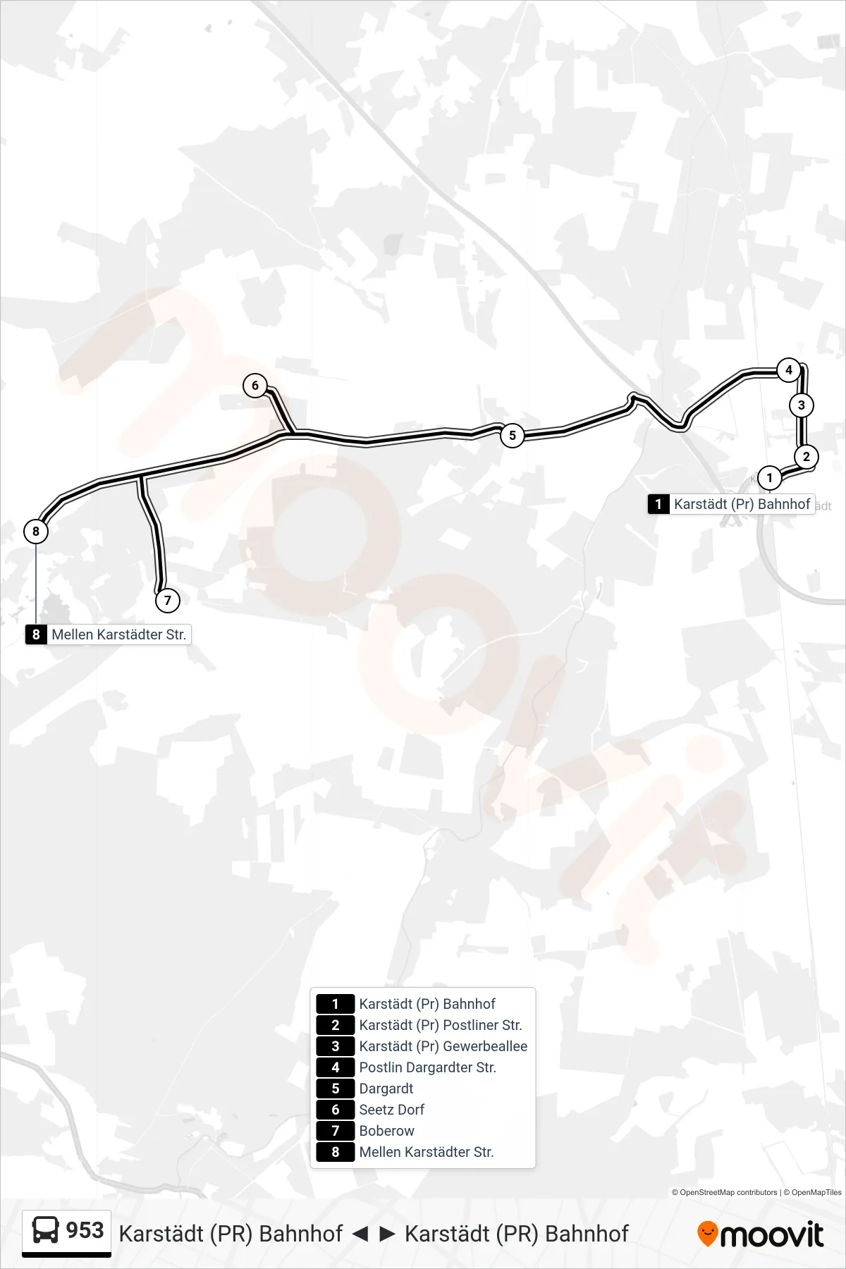 Linie 953 (Bus) Richtung Mellen Karstädter Str.: Route und Haltestellen auf der Karte