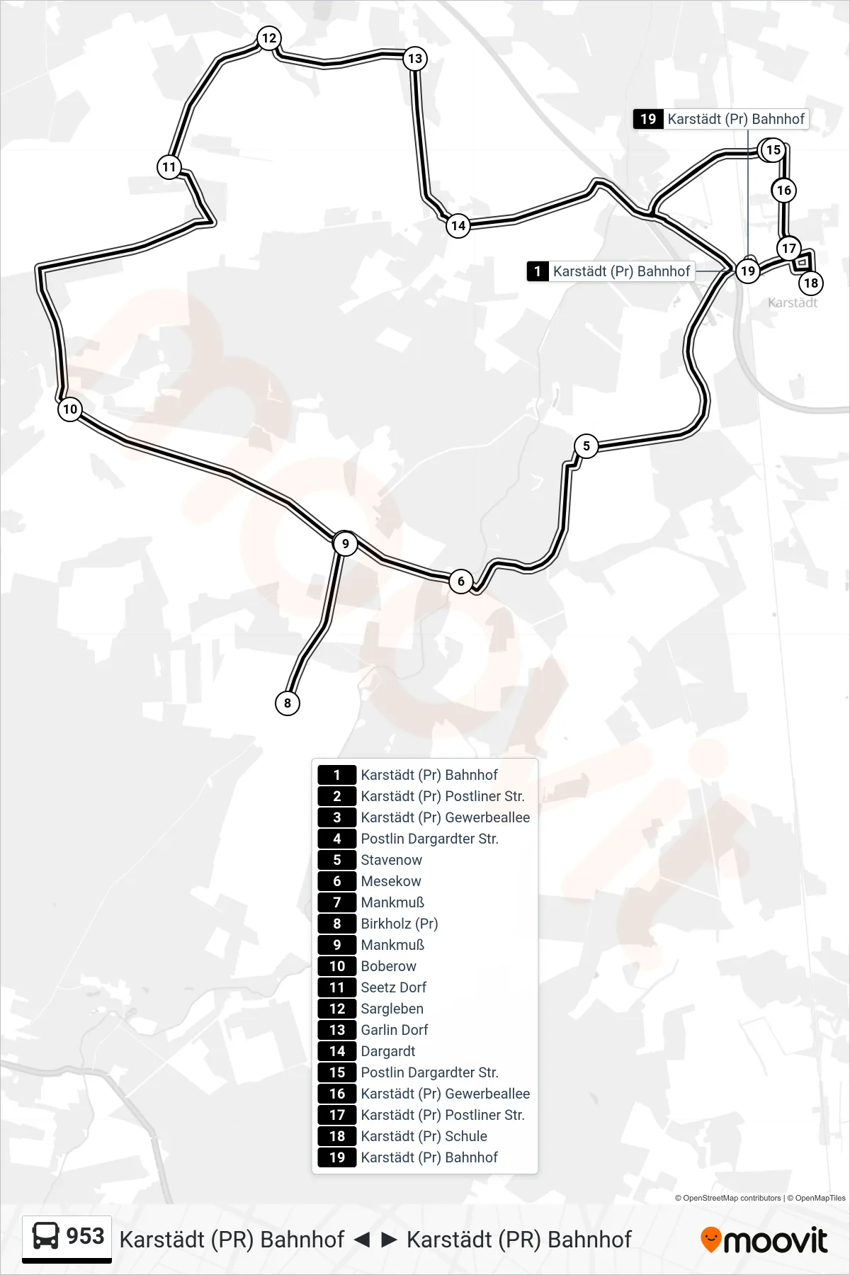 Linie 953 (Bus) Richtung Karstädt (Pr) Bahnhof: Route und Haltestellen auf der Karte