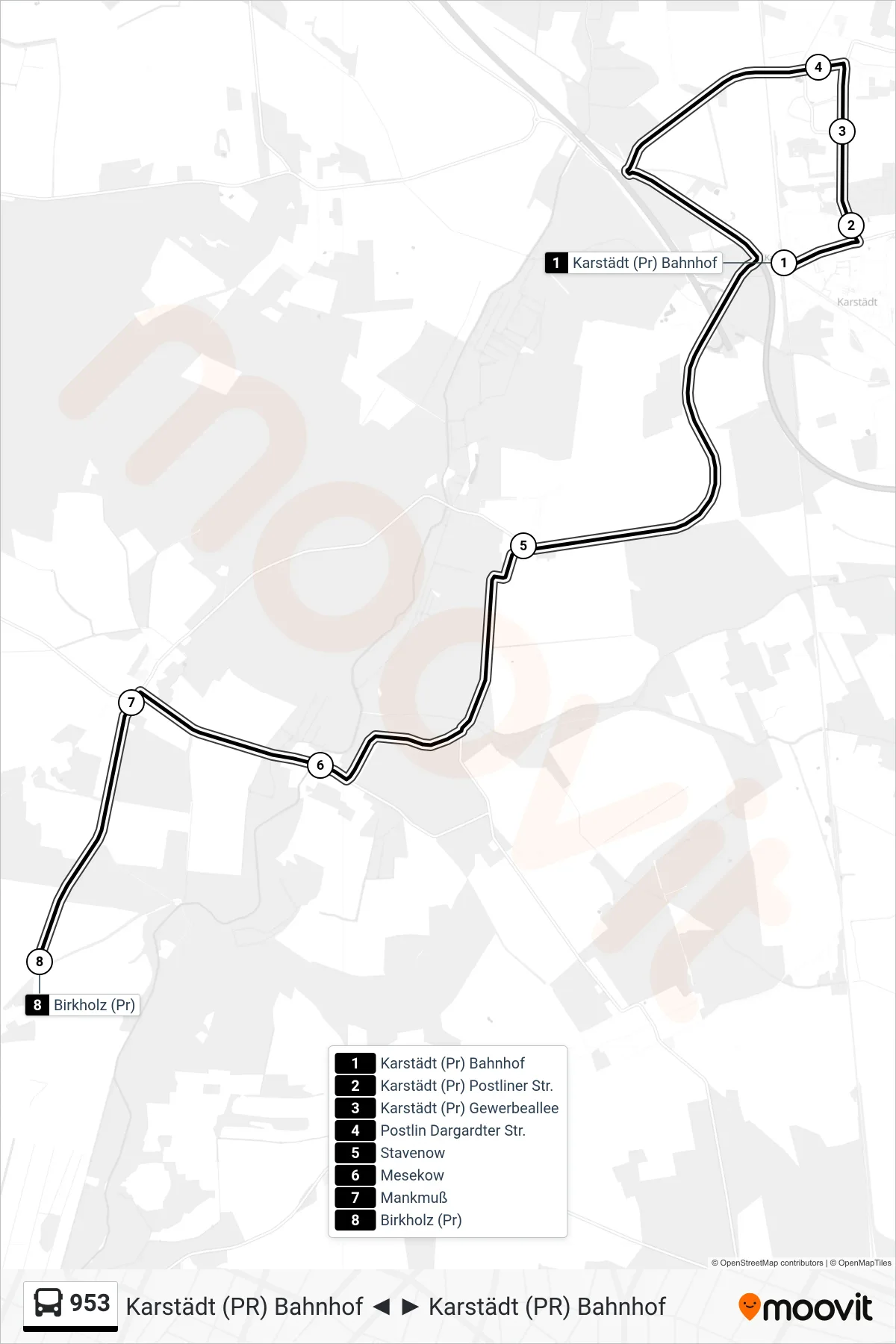 Linie 953 (Bus) Richtung Birkholz (Pr): Route und Haltestellen auf der Karte
