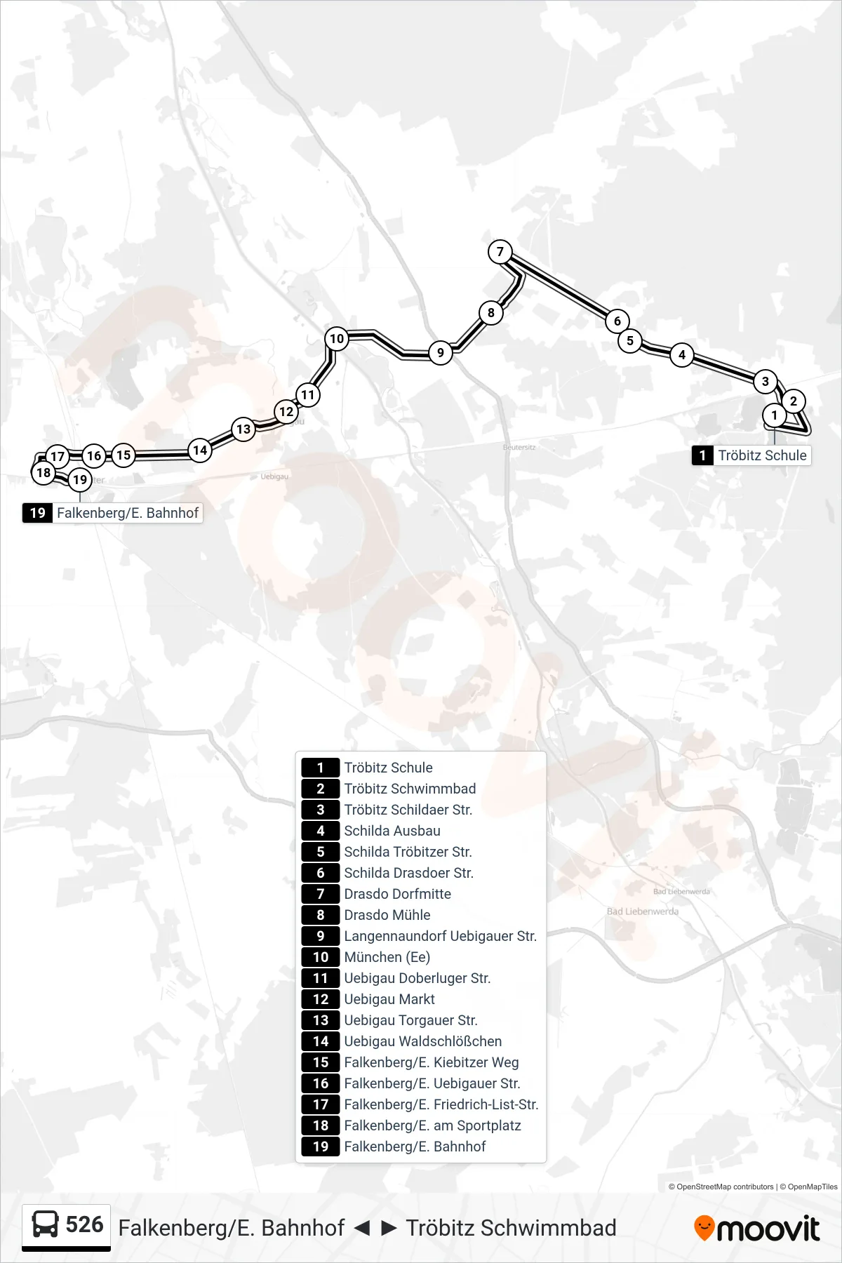 Linie 526 (Bus) Richtung Falkenberg/E. Bahnhof: Route und Haltestellen auf der Karte
