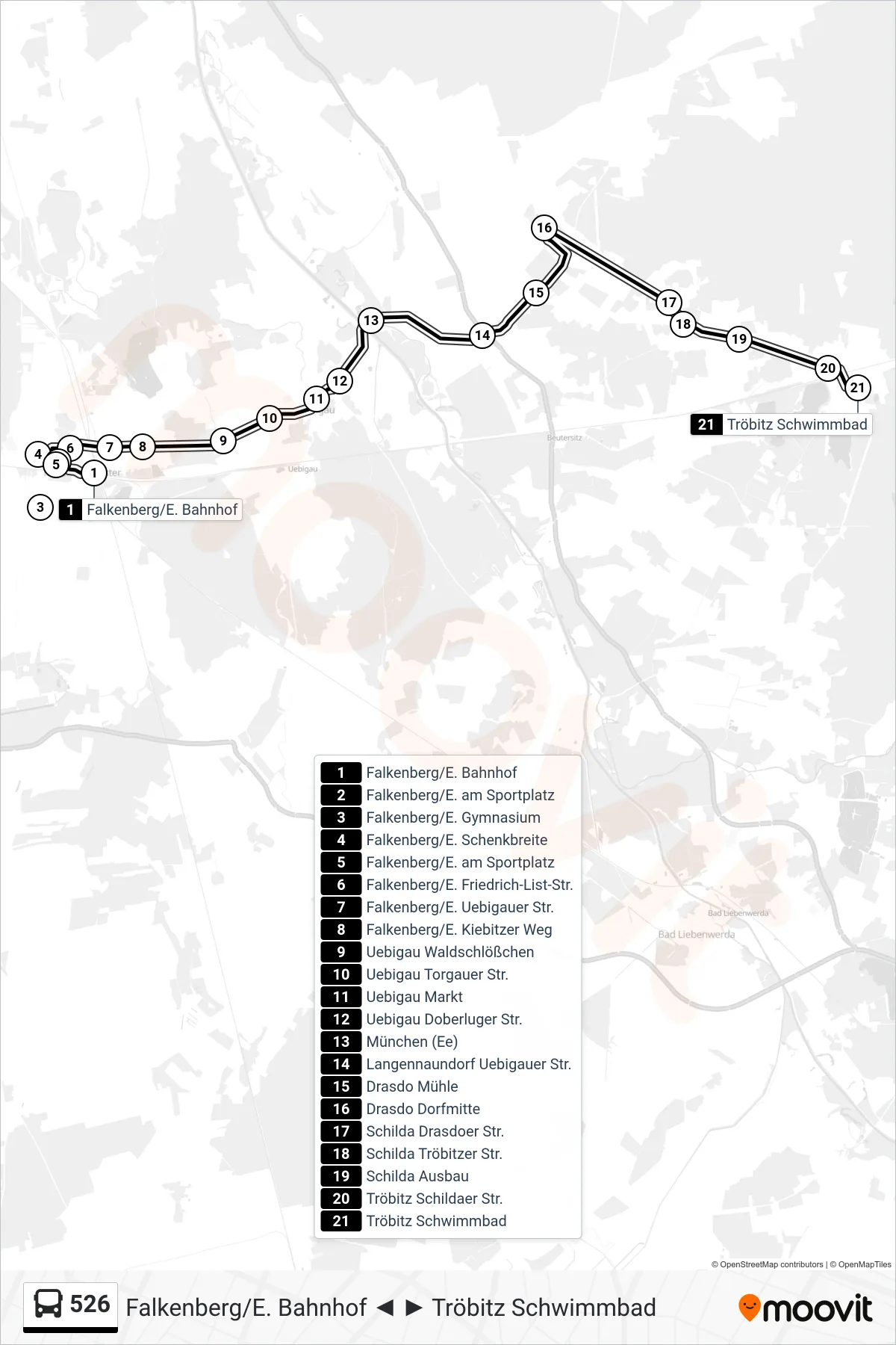 Linie 526 (Bus) Richtung Tröbitz Schwimmbad: Route und Haltestellen auf der Karte