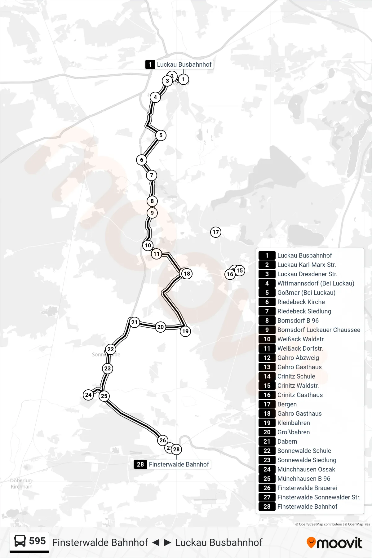 Linie 595 (Bus) Richtung Finsterwalde Bahnhof: Route und Haltestellen auf der Karte