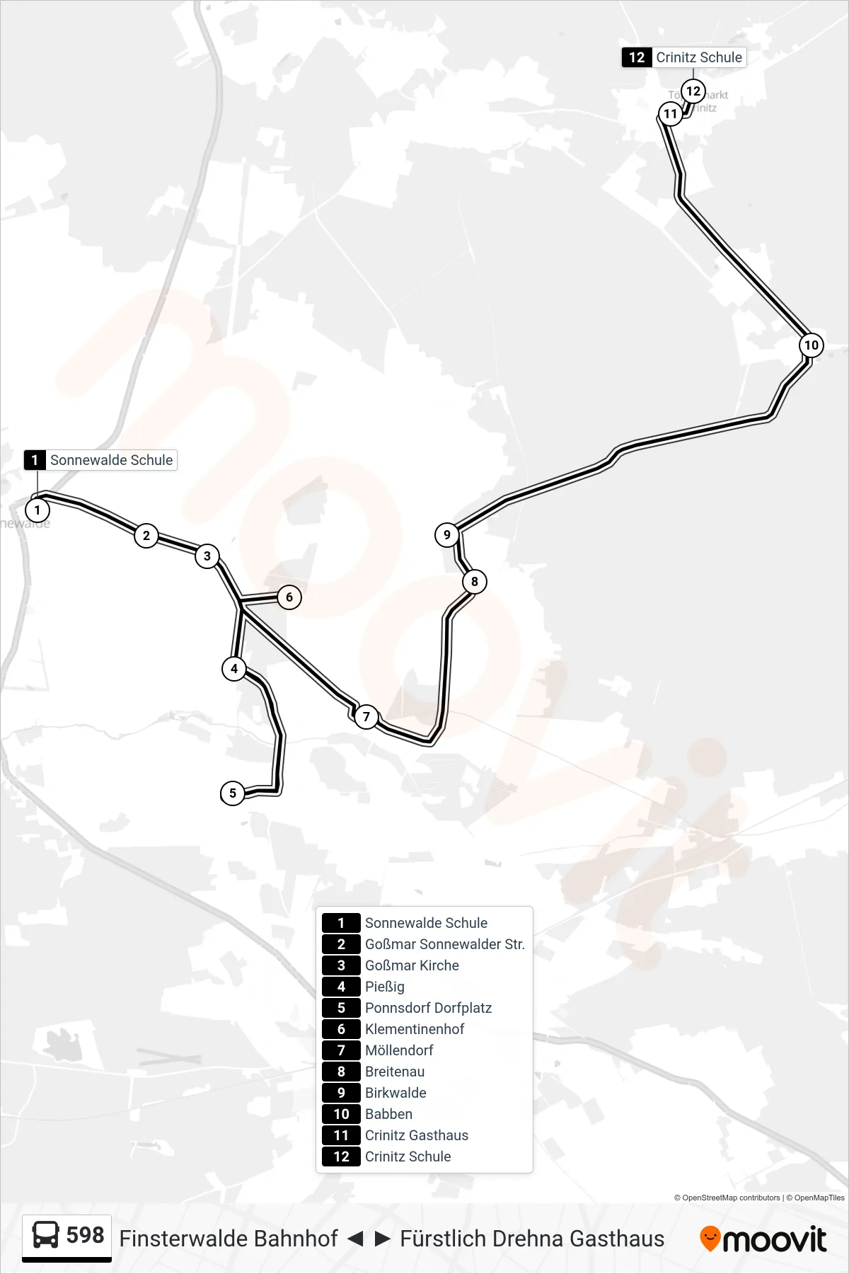 598 bus Line (Crinitz Schule) route and stops on a map