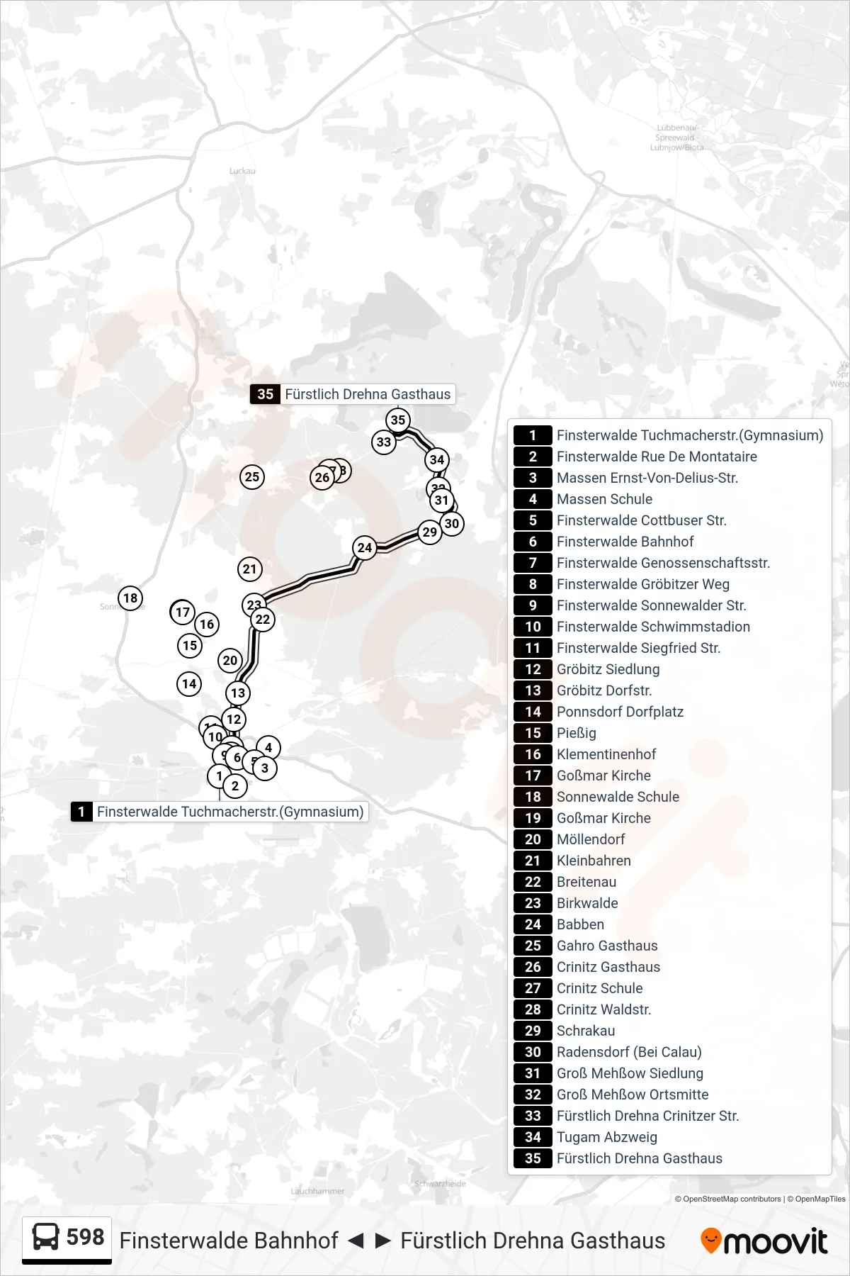 Linie 598 (Bus) Richtung Fürstlich Drehna Gasthaus: Route und Haltestellen auf der Karte