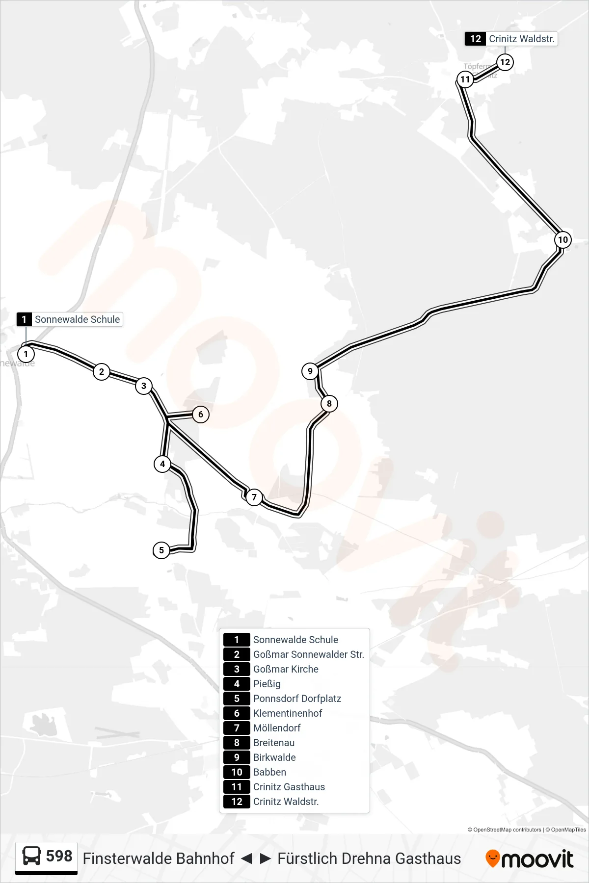 Linie 598 (Bus) Richtung Crinitz Waldstr.: Route und Haltestellen auf der Karte