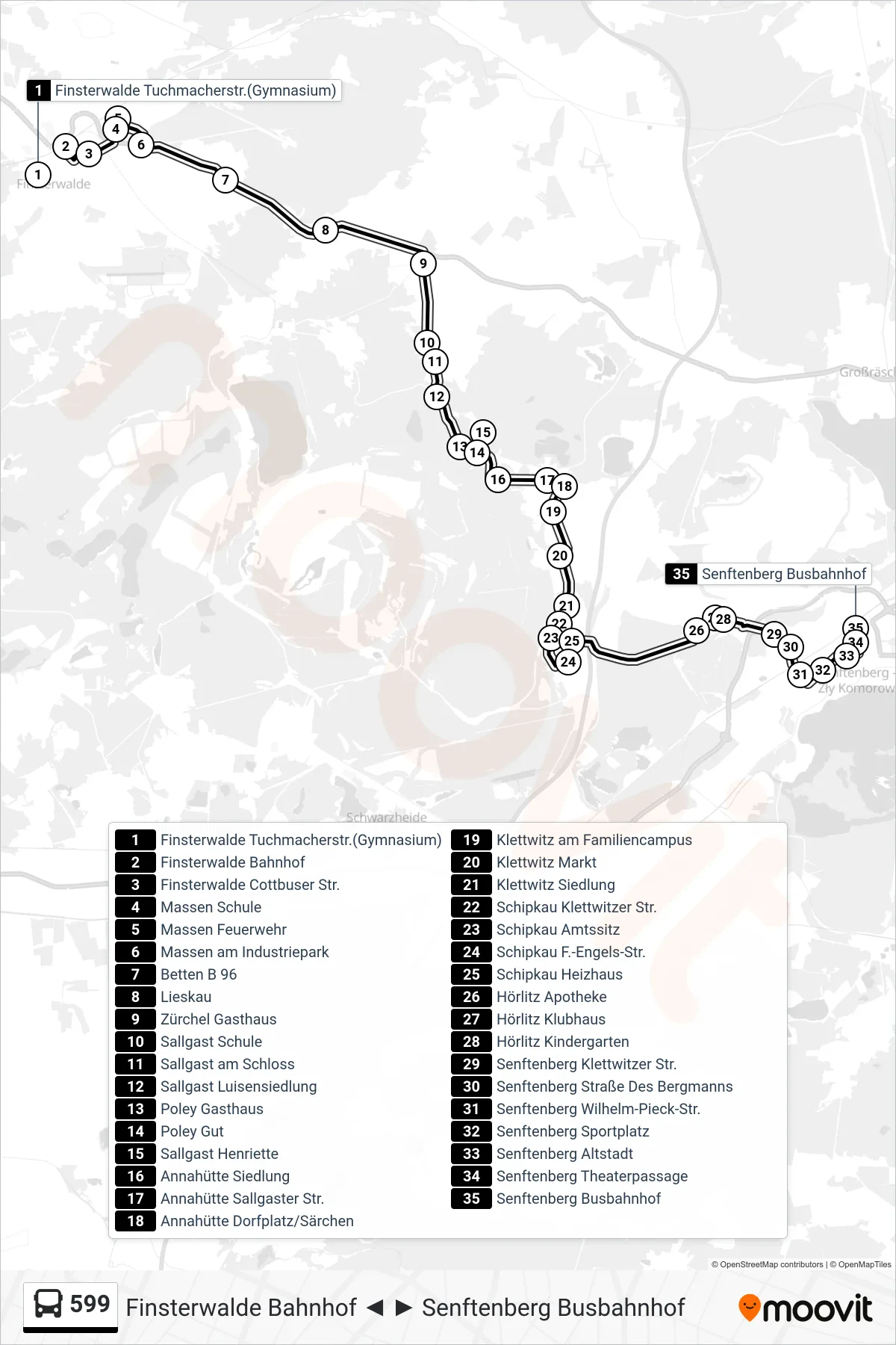 Linie 599 (Bus) Richtung Senftenberg Busbahnhof: Route und Haltestellen auf der Karte