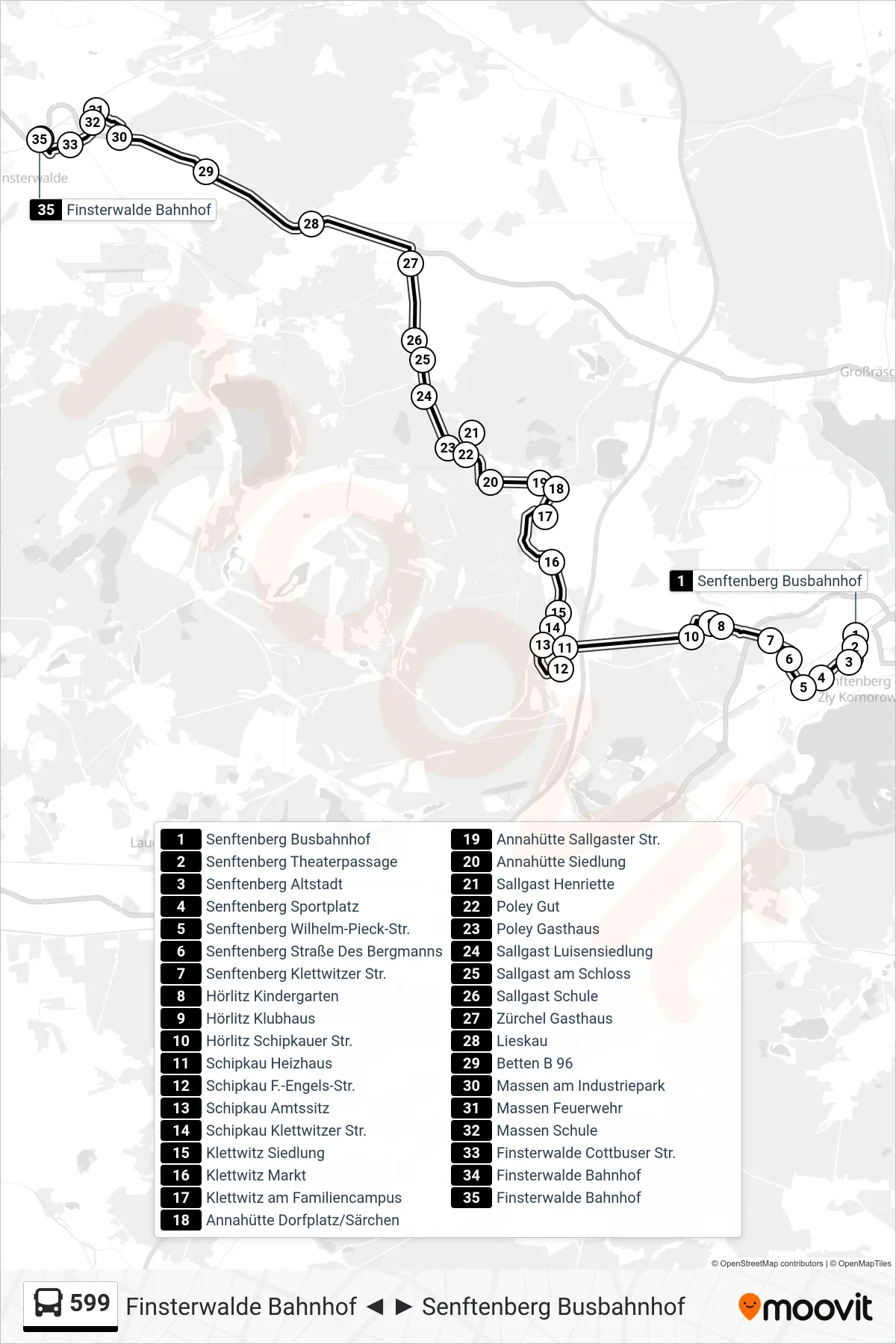 Linie 599 (Bus) Richtung Finsterwalde Bahnhof: Route und Haltestellen auf der Karte